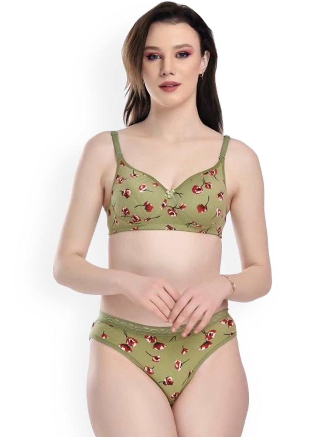 

PIBU Floral Printed Non Padded Cotton Lingerie Set, Green