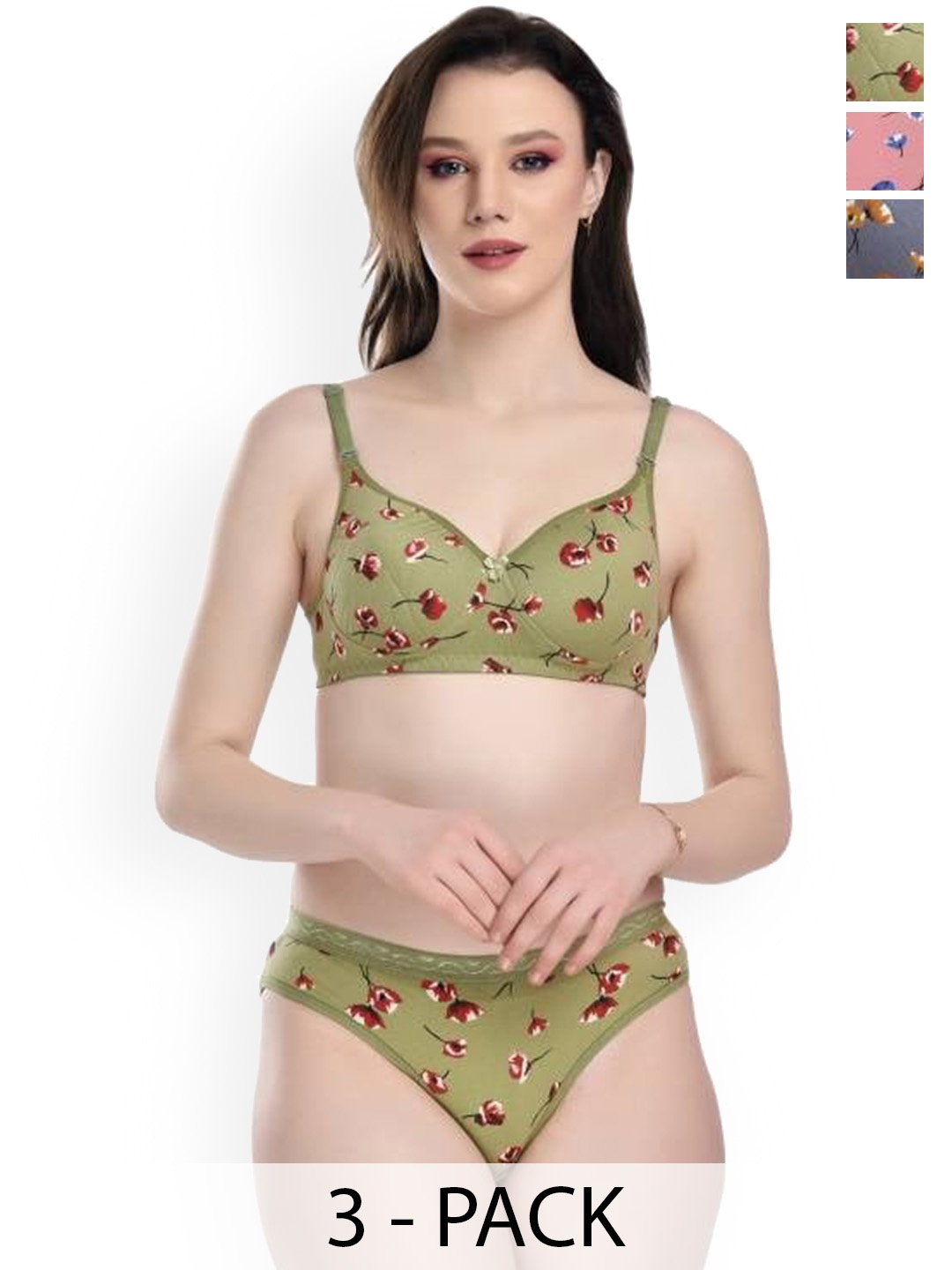

PIBU Pack of 3 Printed Cotton Lingerie Set, Pink