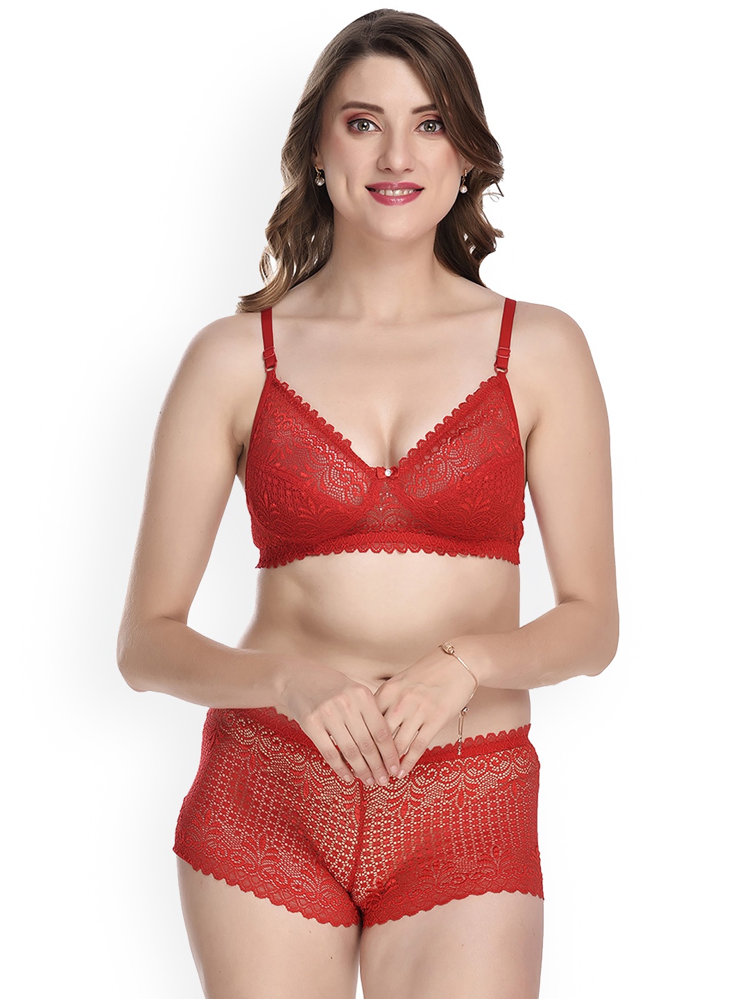 PIBU Self Design Non Padded Breathable Cotton Lingerie Set, Red