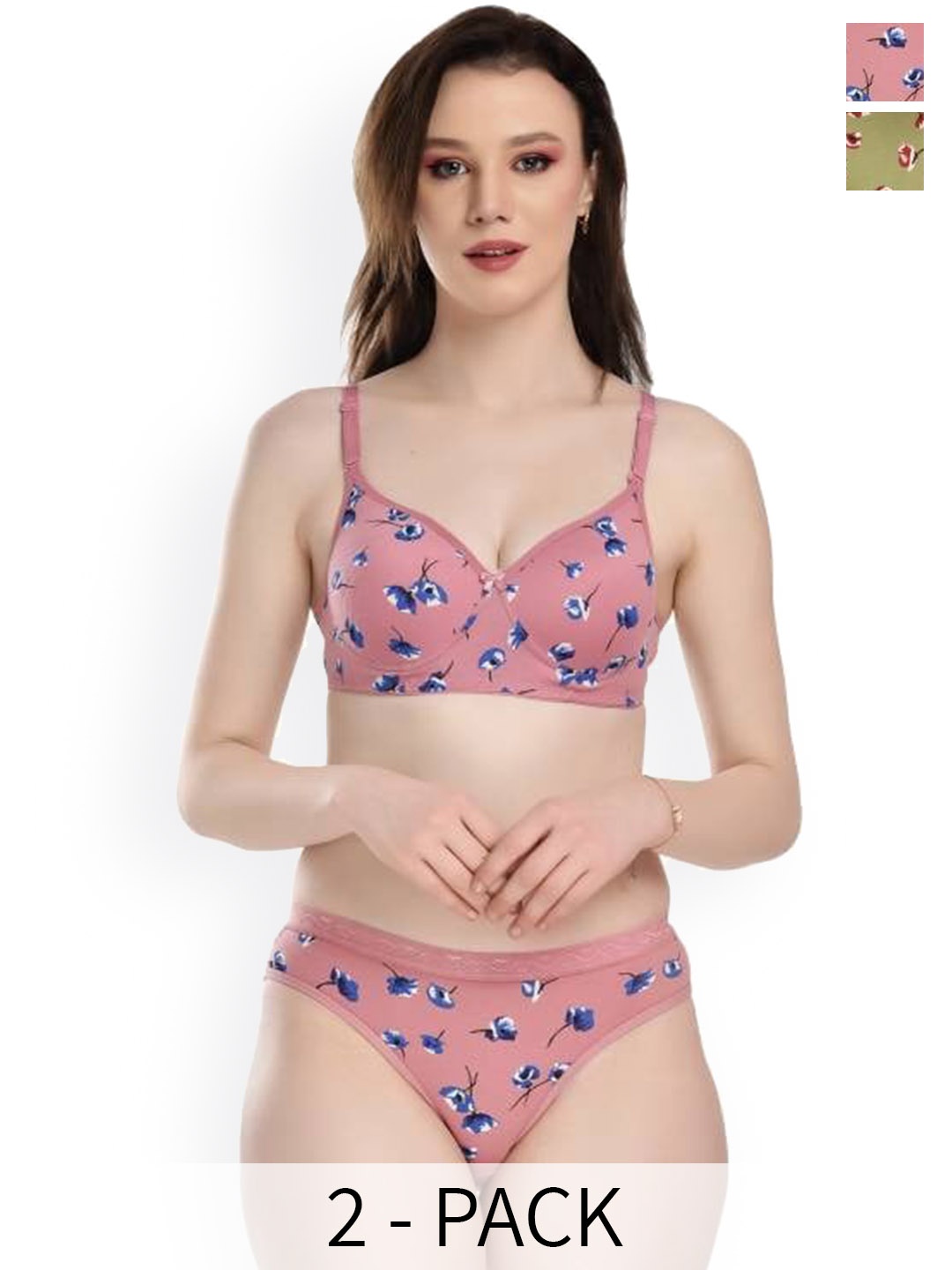 

PIBU Pack Of 2 Floral Printed Non Padded Cotton Lingerie Set, Pink