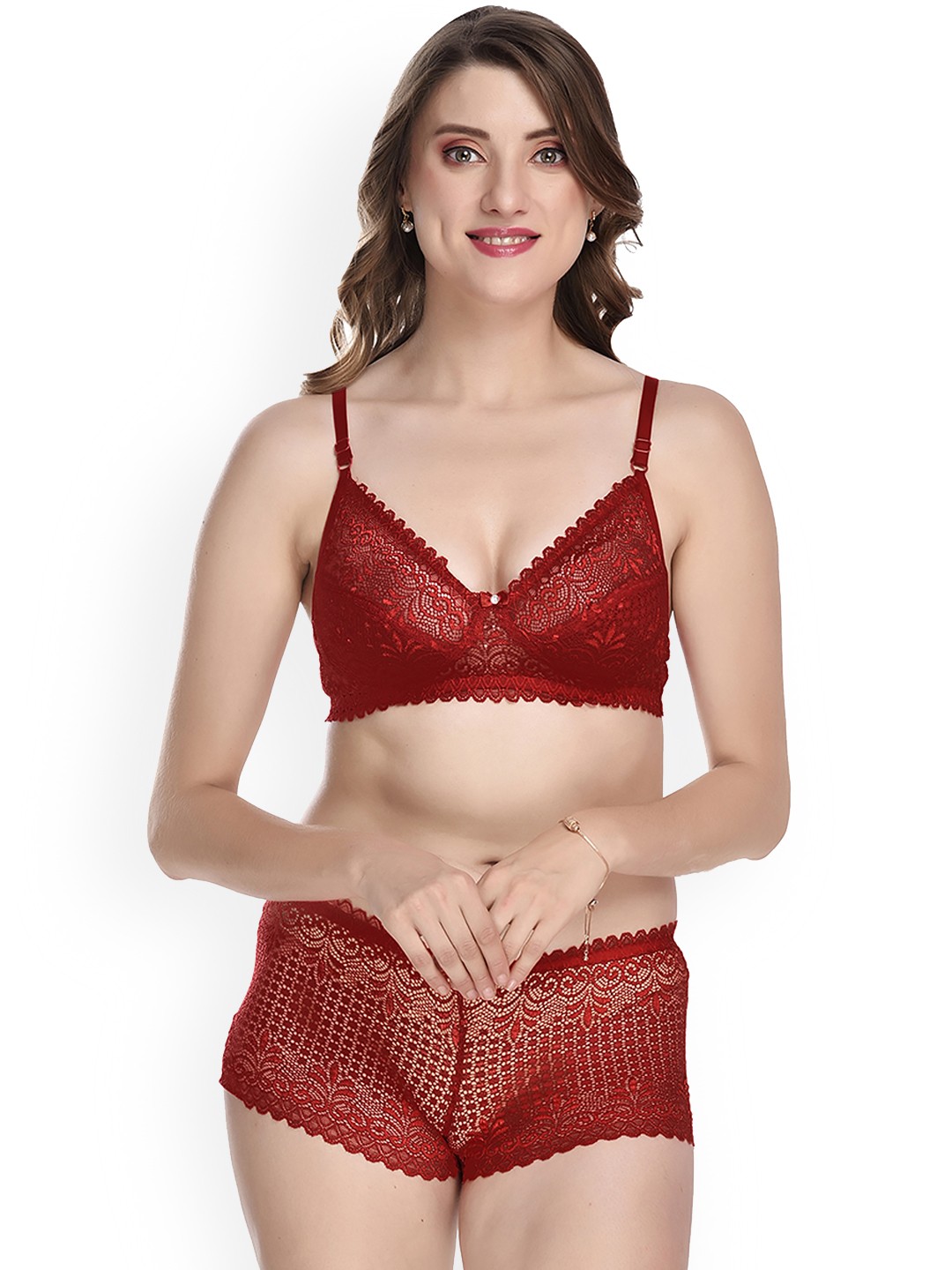 

PIBU Self-Design Cotton Bra Panty Lingerie Set, Maroon