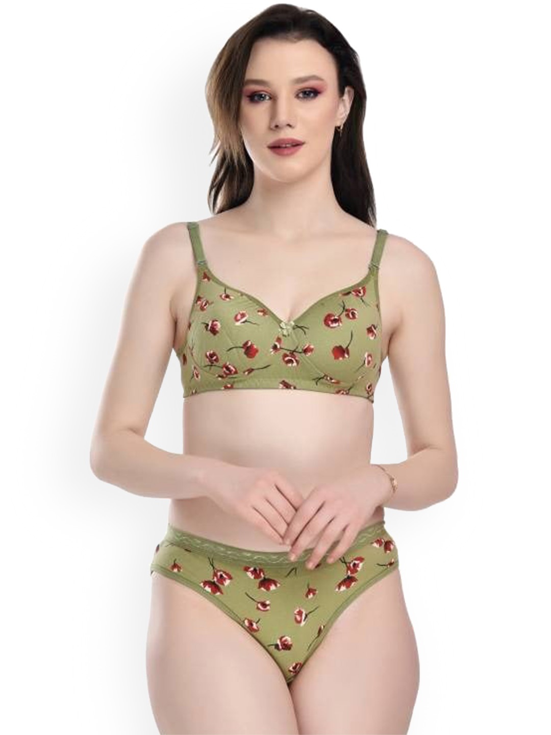 PIBU Floral Printed Non Padded Cotton Lingerie Set, Green