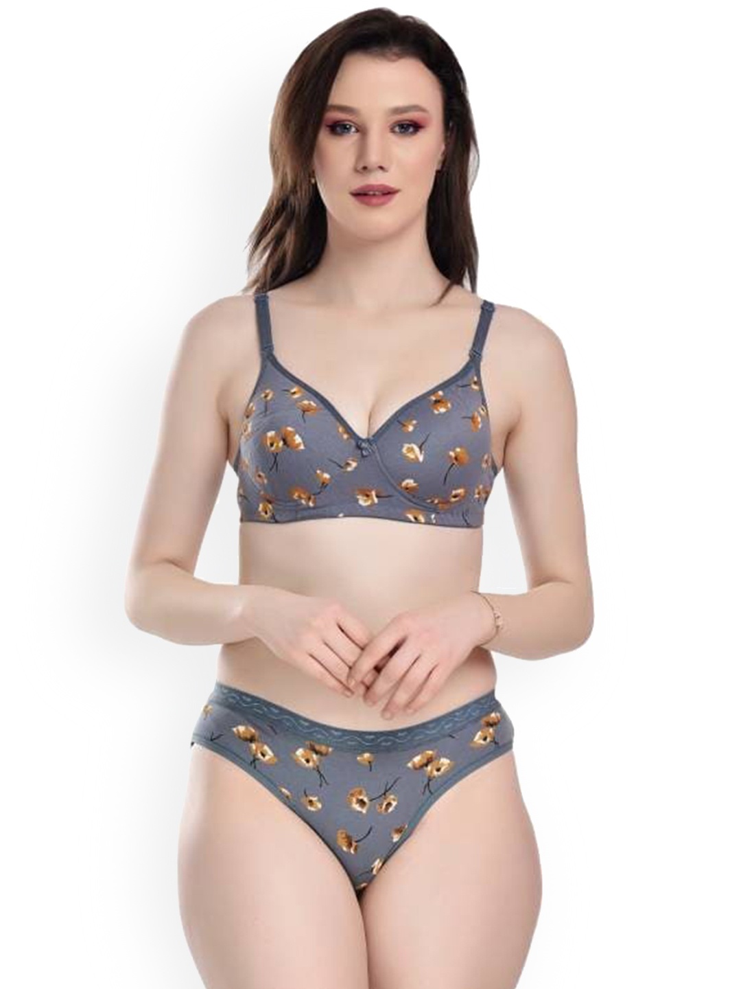 PIBU Printed Cotton Bra Panty Lingerie Set, Blue
