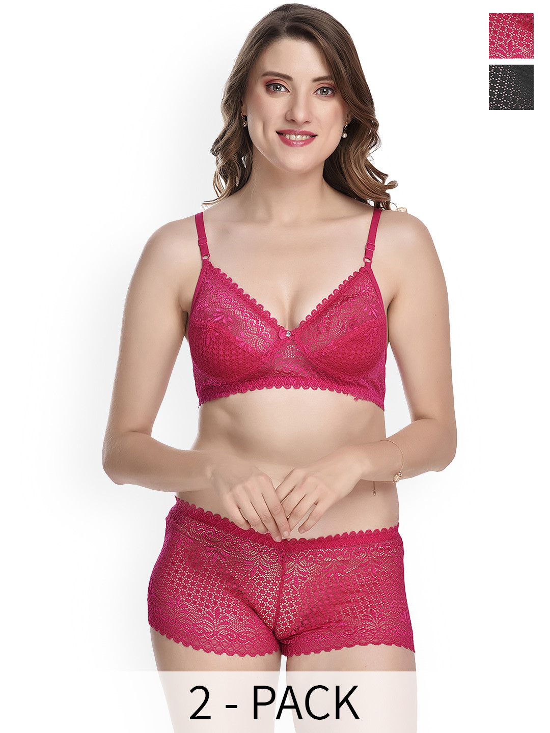 

PIBU Pack of 2 Self Design Laced Cotton Lingerie Set, Pink