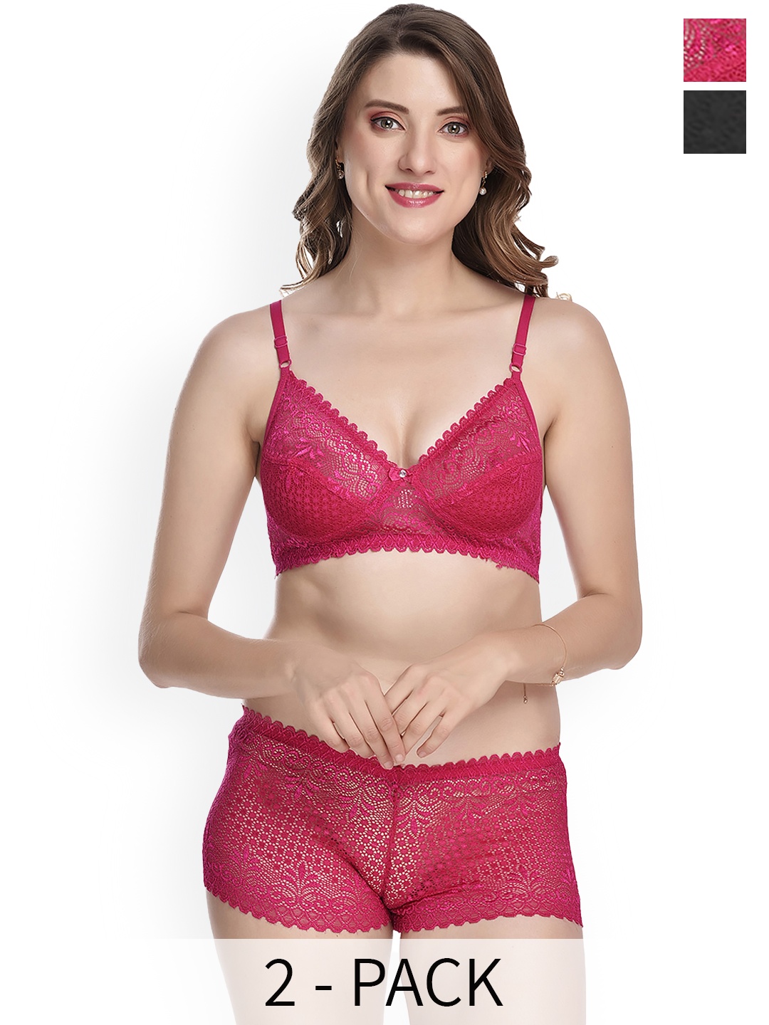 PIBU Pack of 2 Self Design Laced Cotton Lingerie Set, Pink