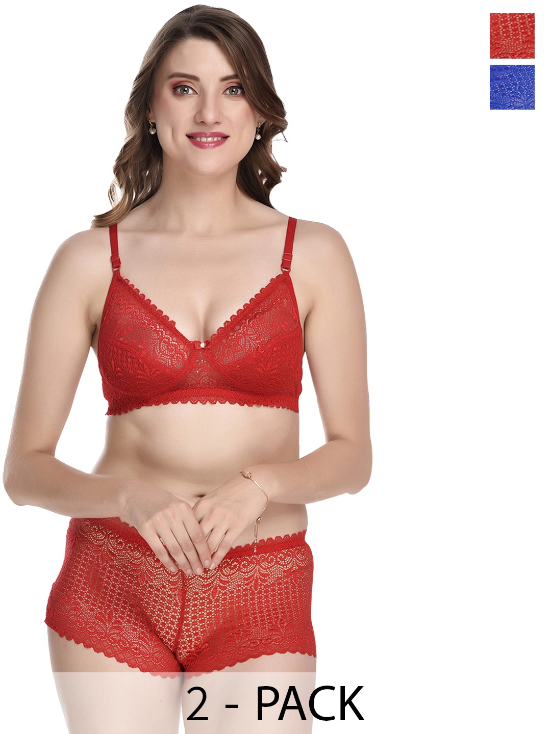 

PIBU Pack Of 2 Self-Designed Cotton Lingerie Set, Red