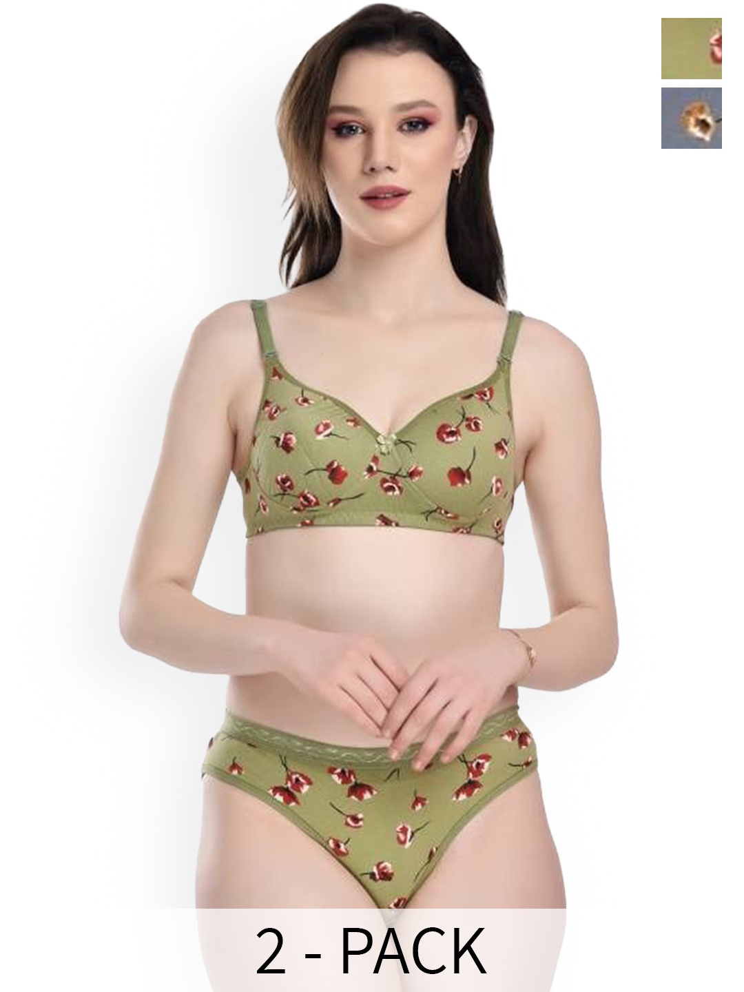 

PIBU Pack Of 2 Floral Printed Non Padded Cotton Lingerie Set, Green