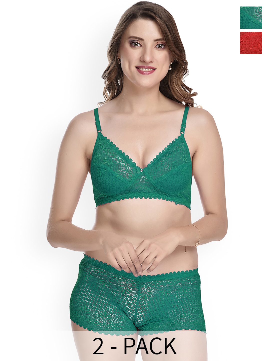 

PIBU Pack of 2 Self Design Laced Cotton Lingerie Set, Green