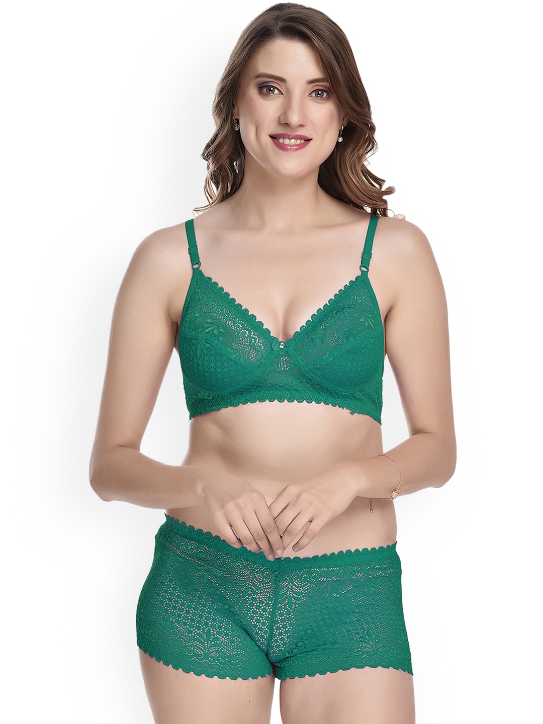 

PIBU Self Design Laced Cotton Lingerie Set, Green