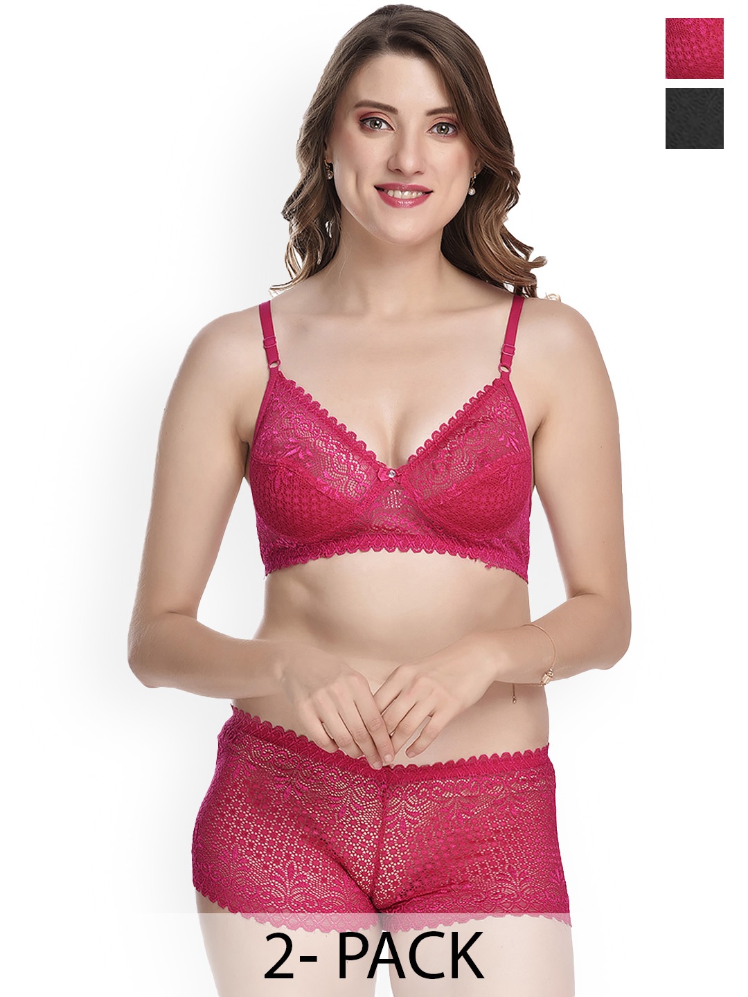 

PIBU Pack of 2 Self Design Laced Cotton Lingerie Set, Pink