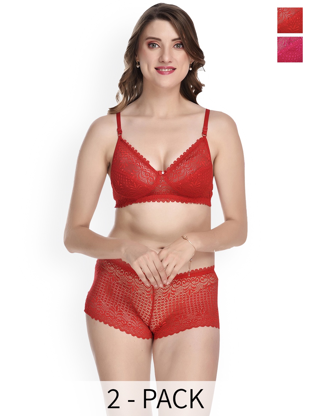 

PIBU Pack of 2 Self Design Laced Cotton Lingerie Set, Red