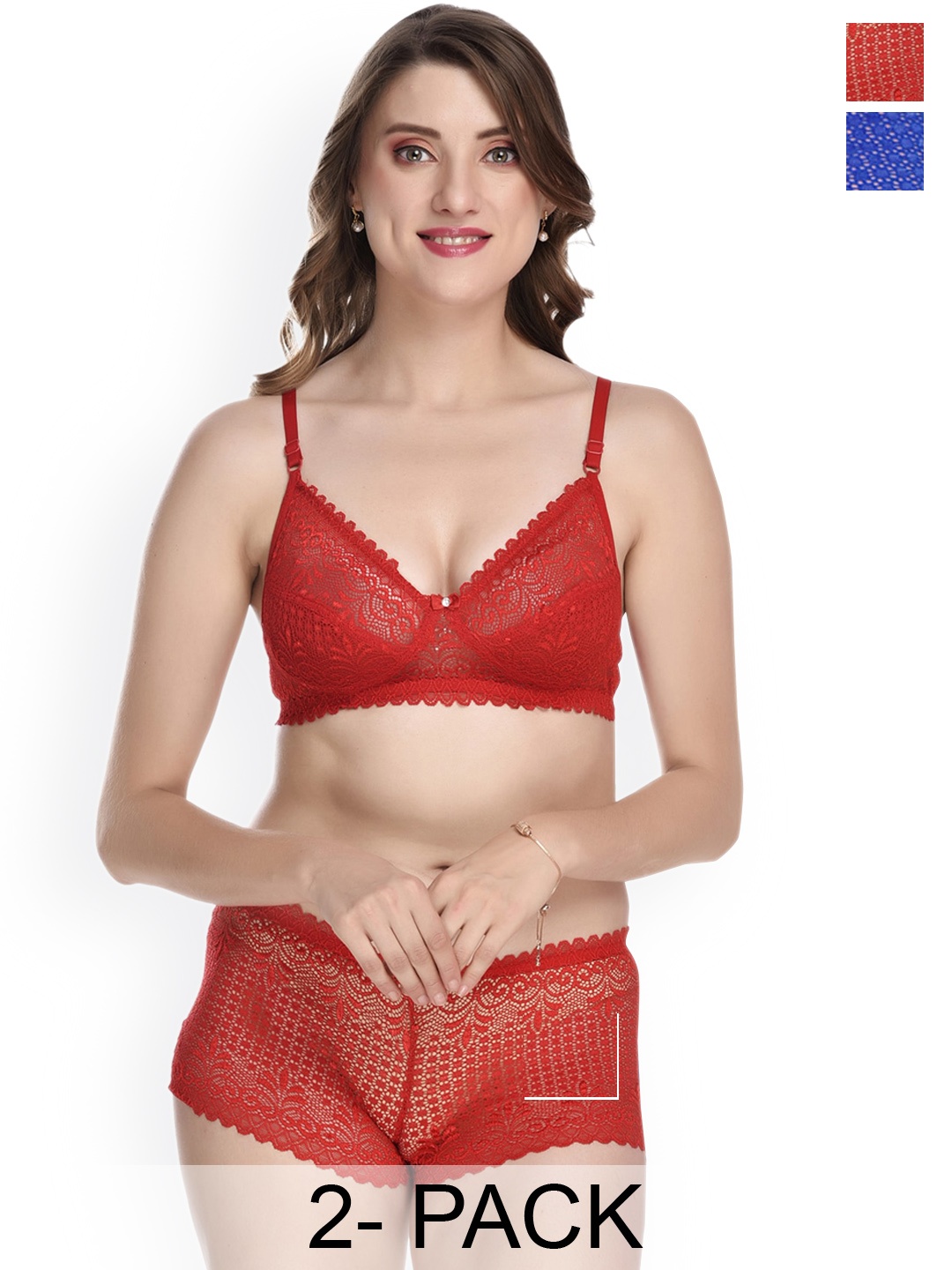 

PIBU Pack of 2 Self Design Laced Cotton Lingerie Set, Blue