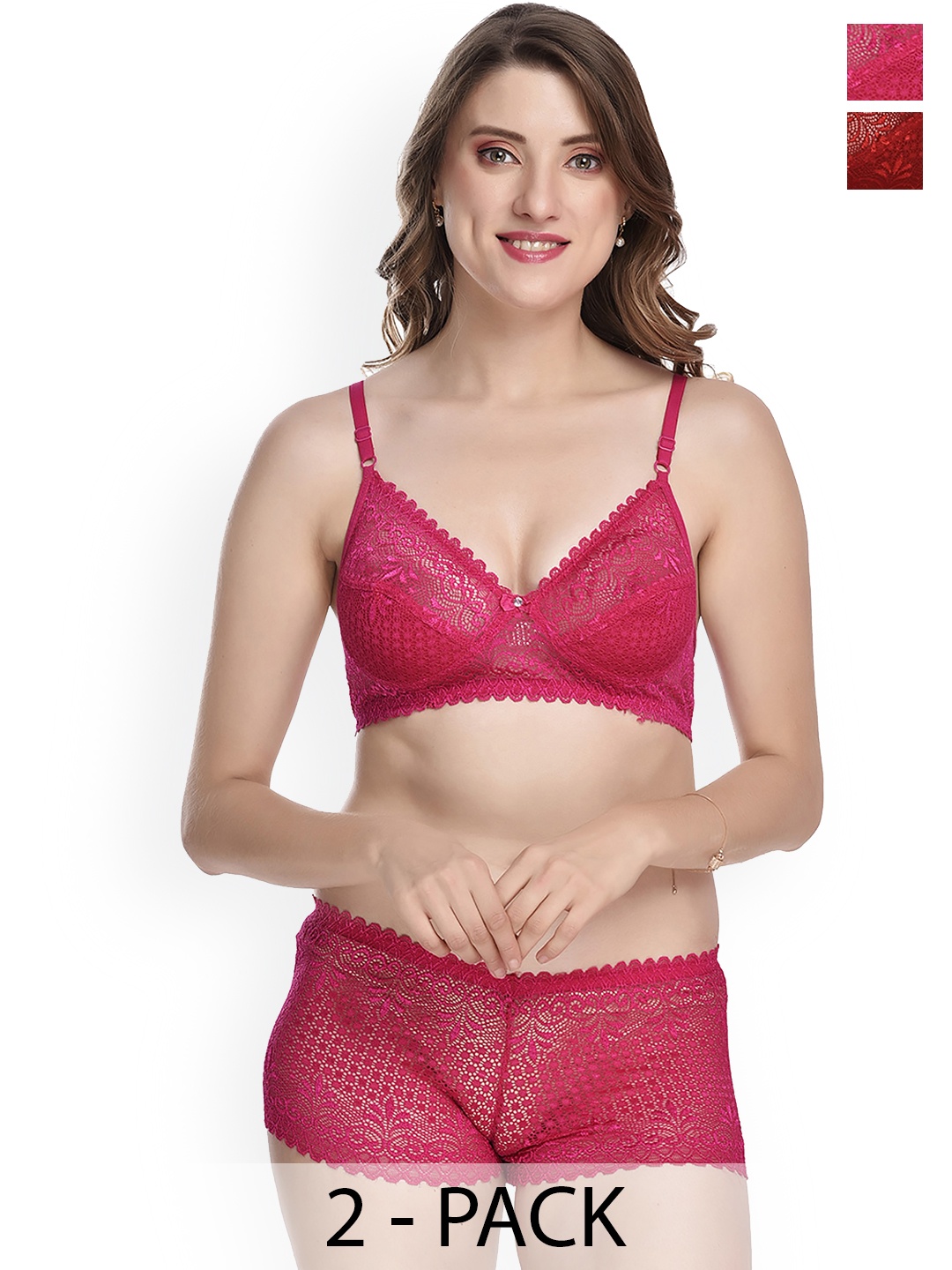 

PIBU Pack of 2 Self Design Laced Cotton Lingerie Set, Pink