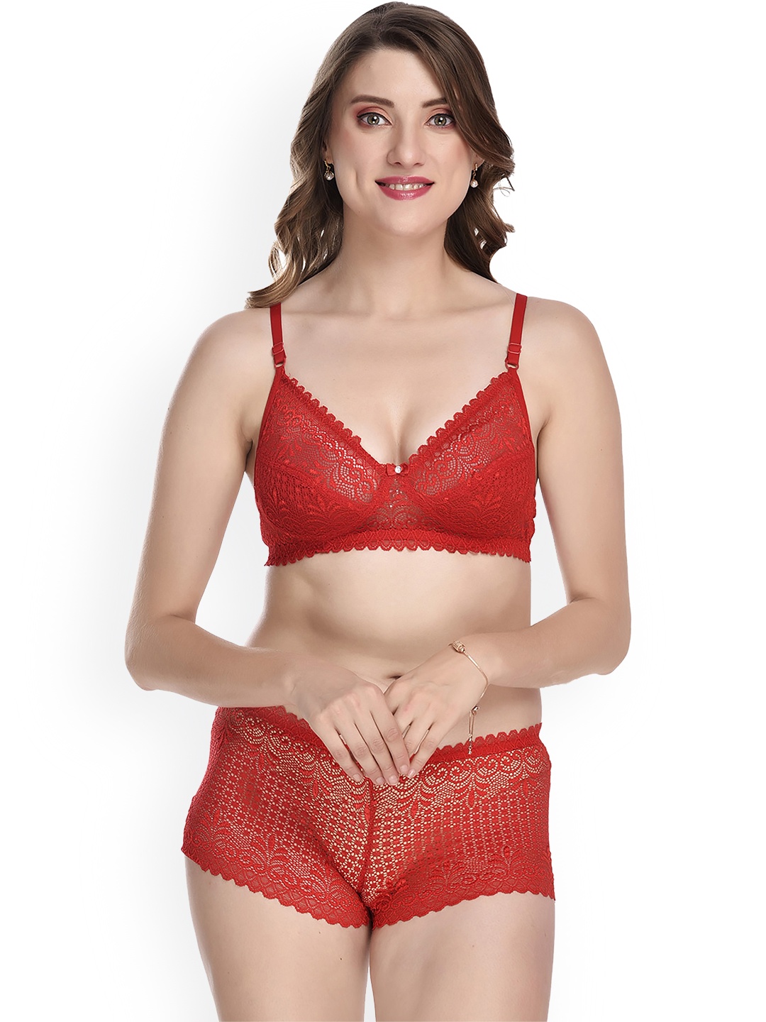 

Aamarsh Self Design Cotton Non Padded Bra & Mid-Rise Brief, Red