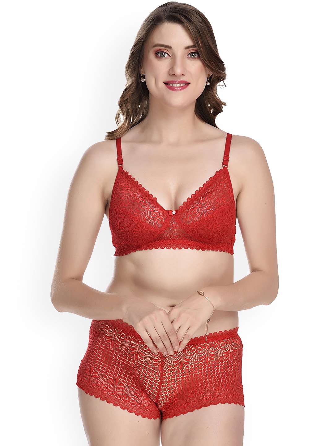

Aamarsh Self Design Laced Cotton Boy Shorts Lingerie Set, Red