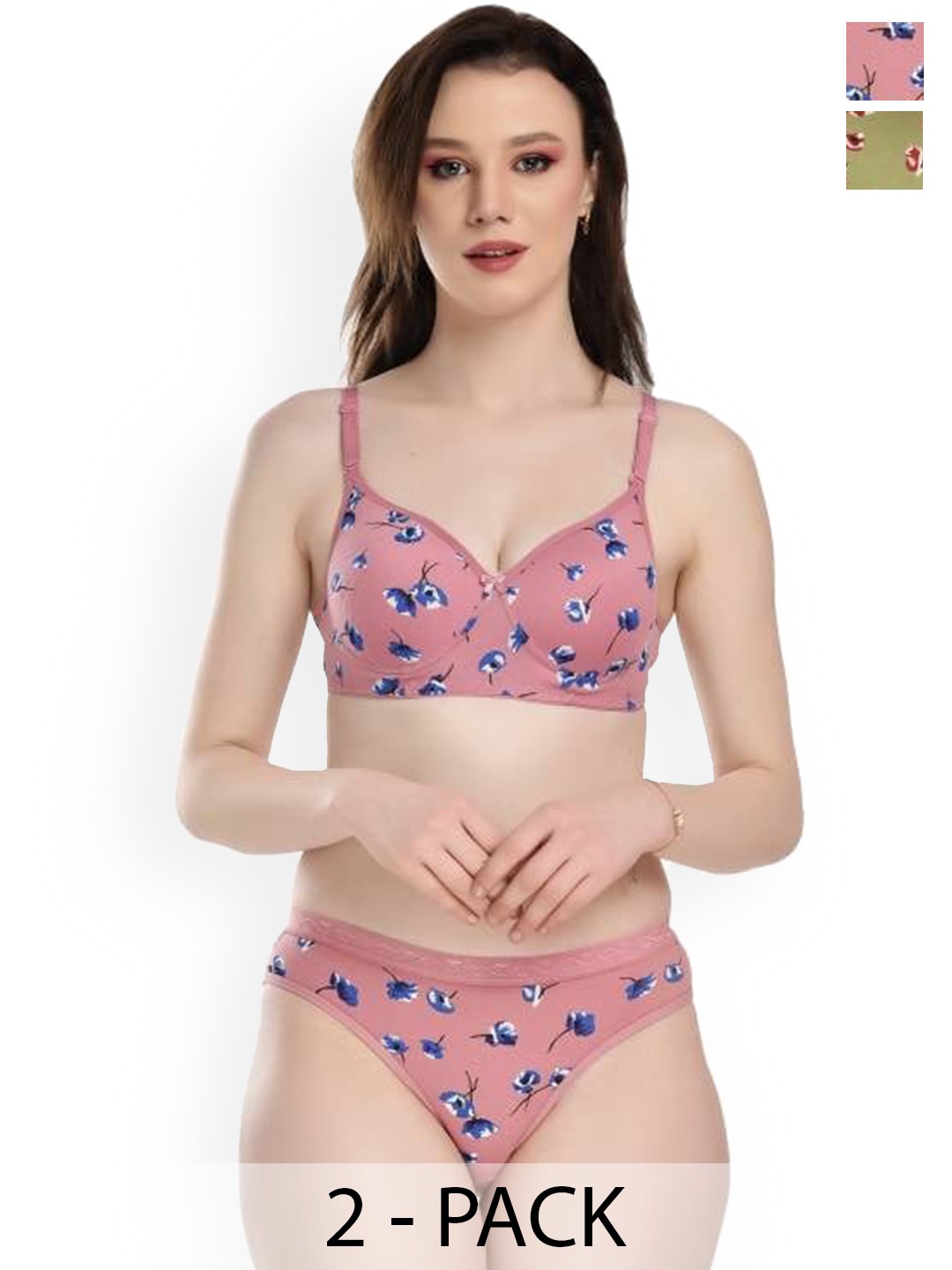 Aamarsh Pack Of 2 Printed Cotton Lingerie Sets, Pink