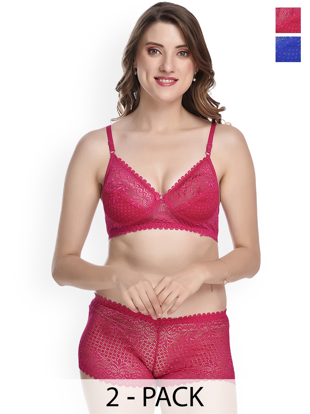 

Aamarsh Pack Of 2 Self Design Cotton Non Padded Bra & Mid-Rise Briefs, Blue
