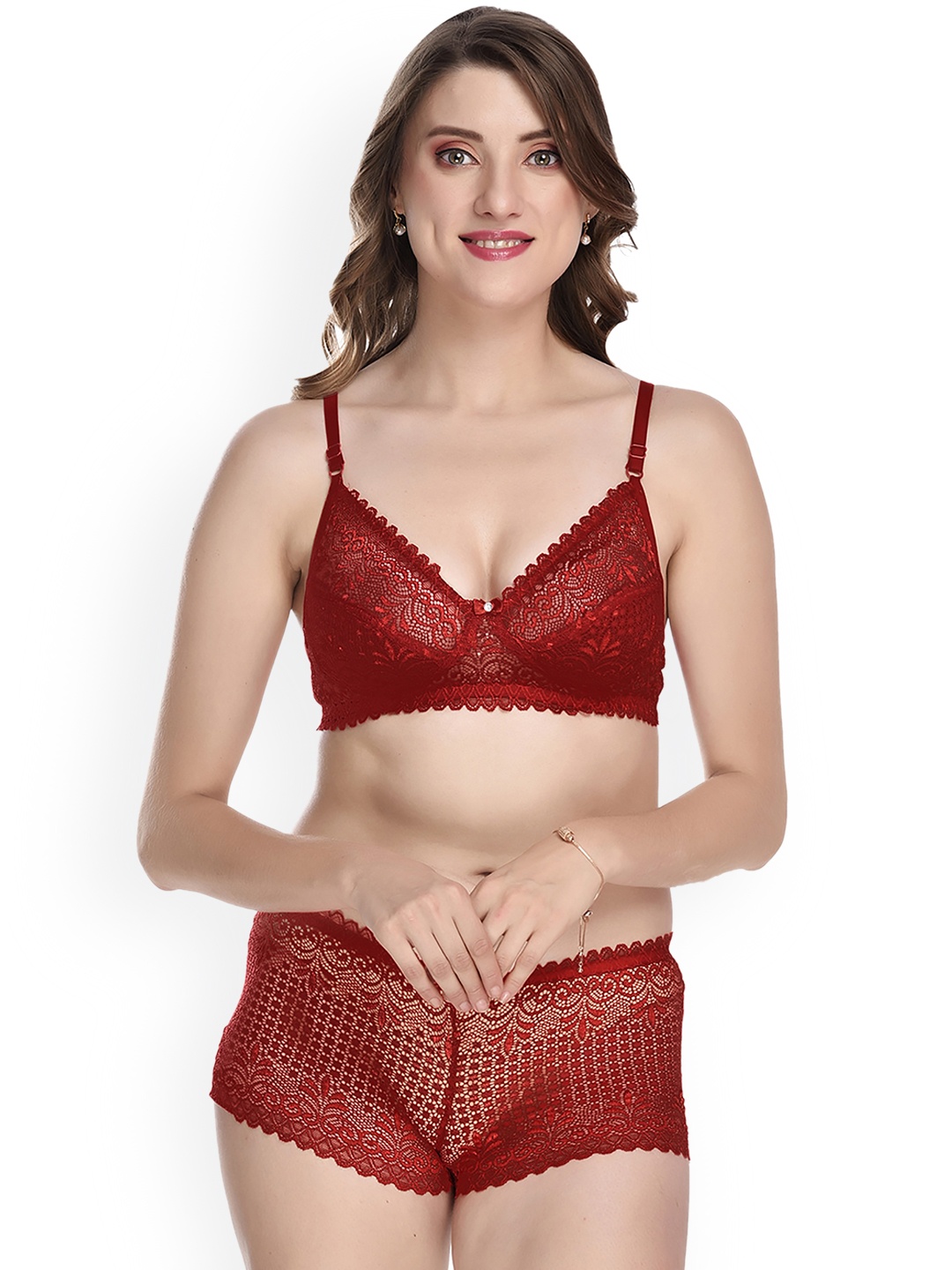 

Aamarsh Self Design Cotton Non Padded Bra & Mid-Rise Brief, Maroon
