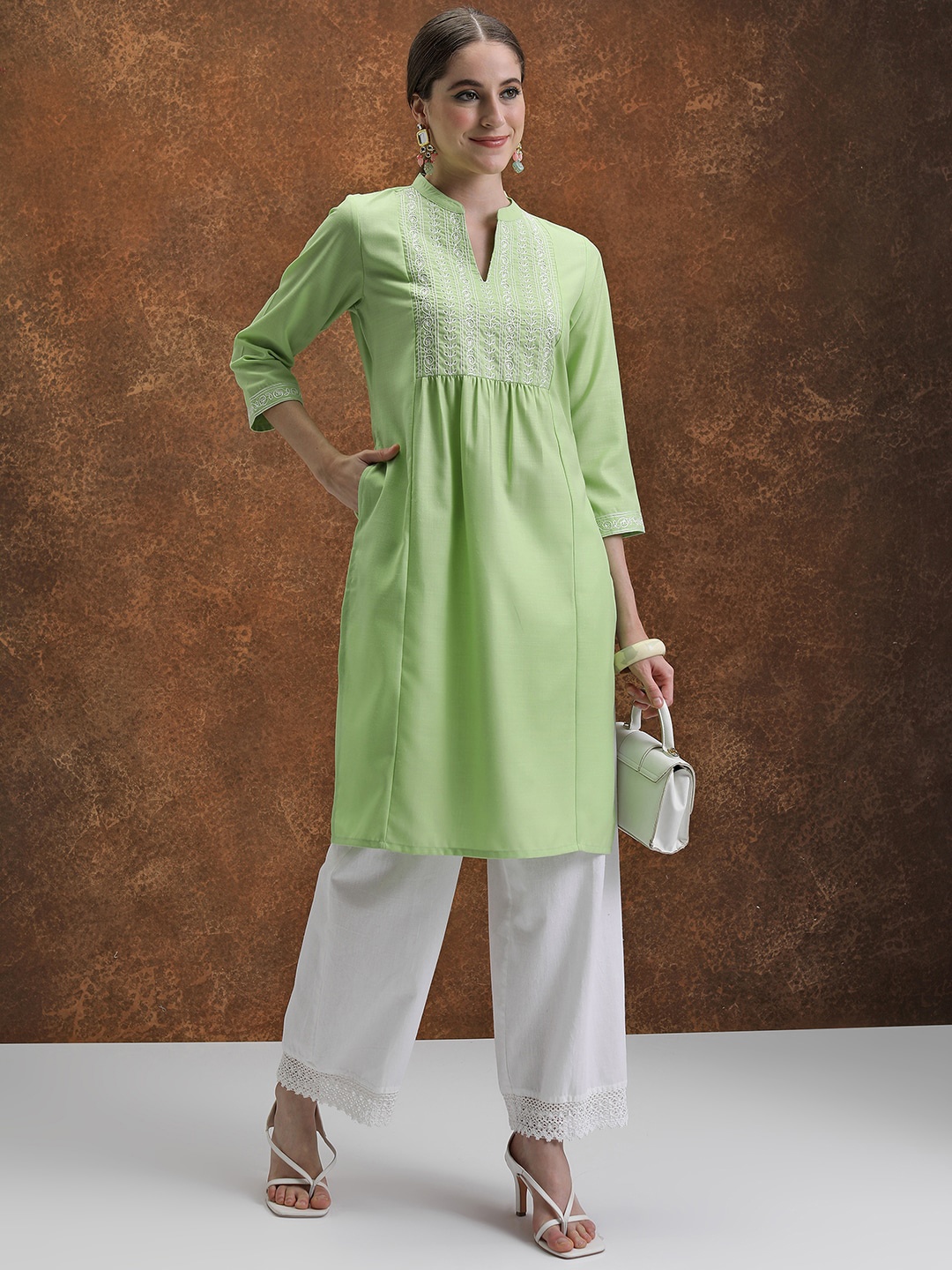 

Vishudh Green Floral Yoke Design Mandarin Collar Thread Work Gathered A-Line Kurta
