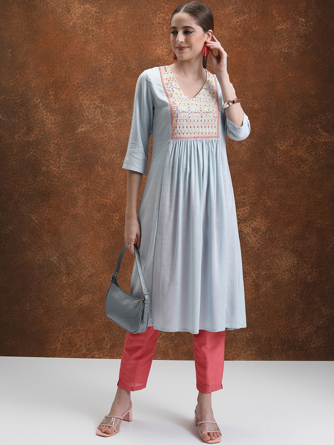 

Vishudh Ethnic Motifs Yoke Design Pleated Mirror Work A-Line Kurta, Blue