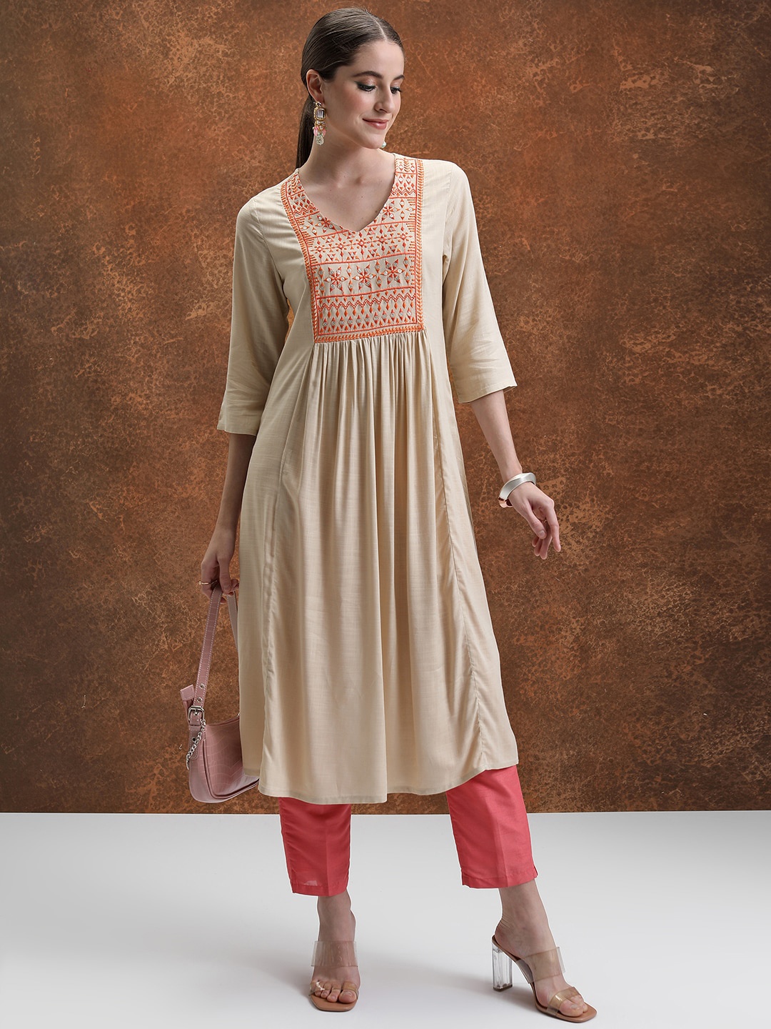 Vishudh Beige Geometric Yoke Design Thread Work A-Line Kurta