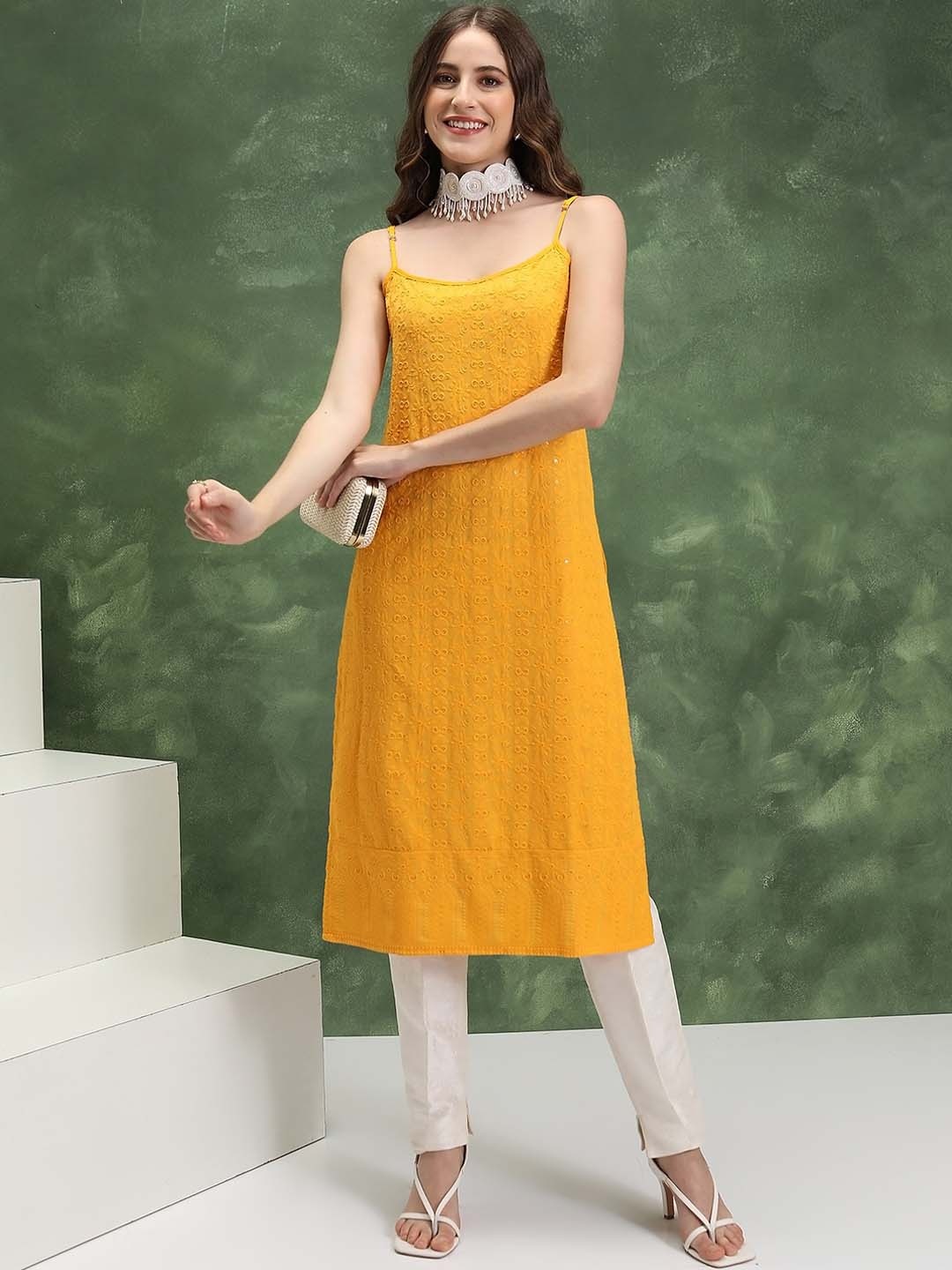 

Vishudh Floral Embroidered Thread Work Shoulder Straps Straight Kurta, Yellow