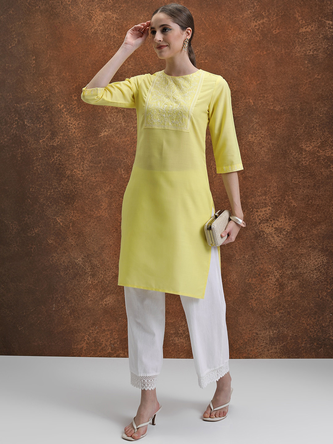 

Vishudh Yellow Floral Yoke Design Thread Work Straight Kurta