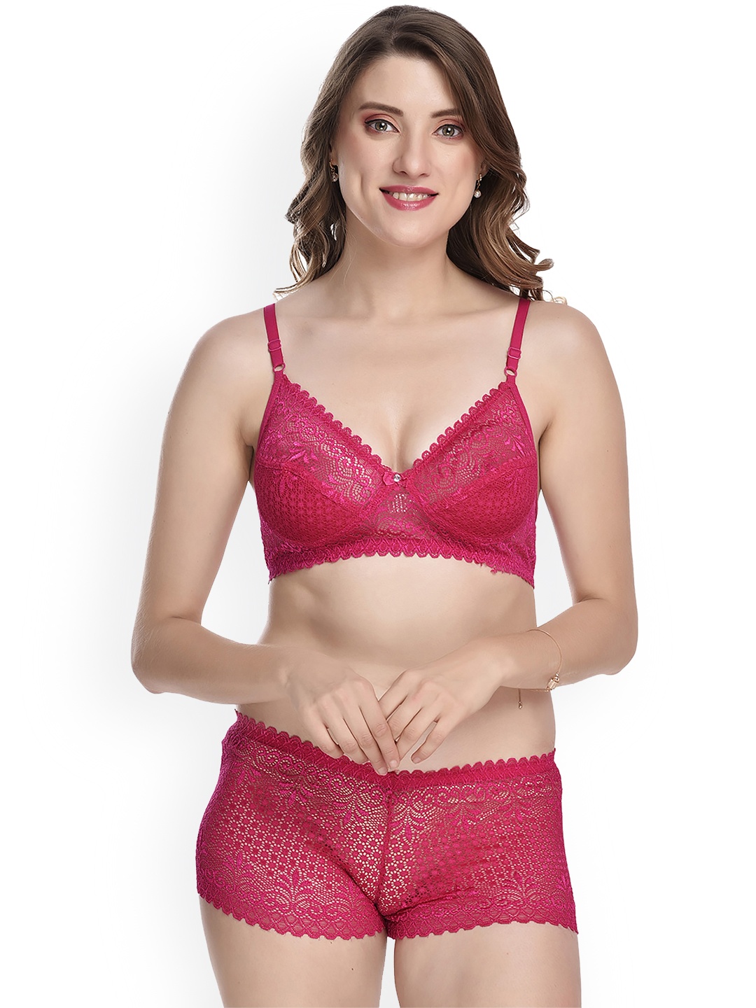 Aamarsh Self Design Laced Cotton Boy Shorts Lingerie Set, Pink