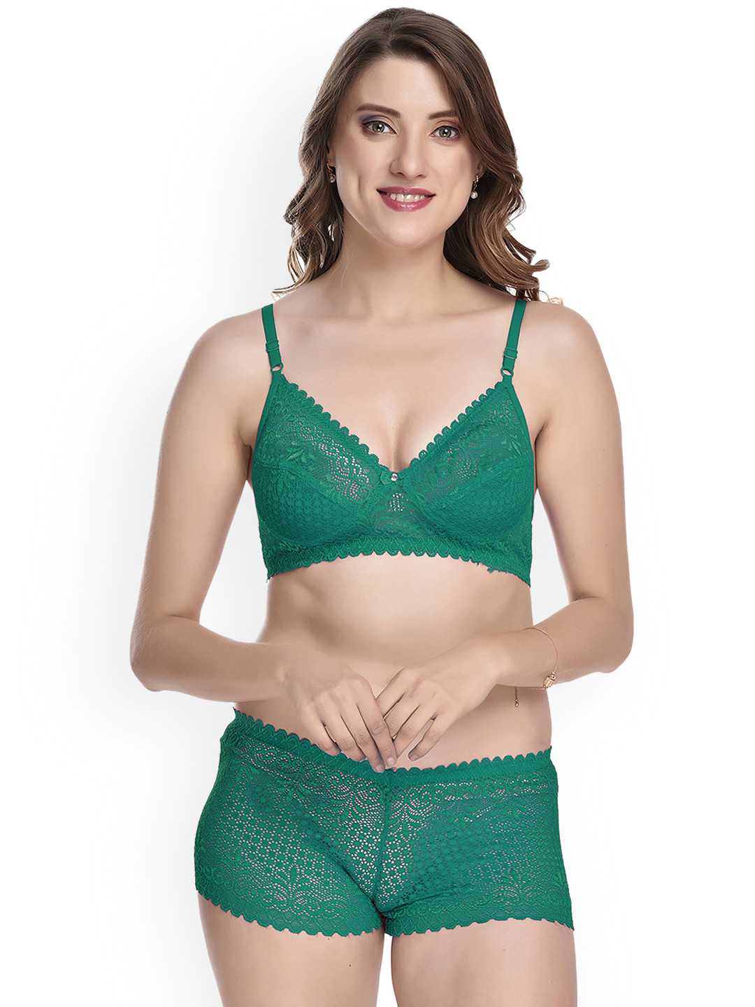 

Aamarsh Self Design Laced Cotton Boy Shorts Lingerie Set, Green