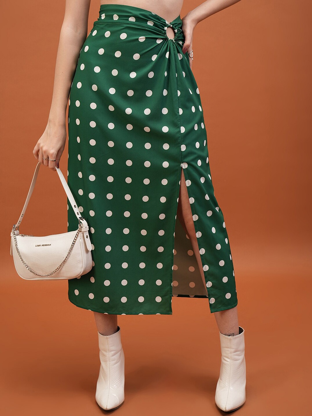 

Tokyo Talkies Green Geometric Printed A-Line Midi Skirt