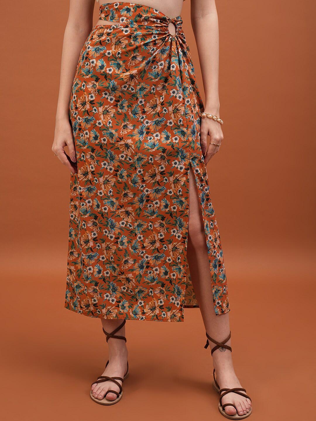 

Tokyo Talkies Orange Floral Printed A-Line Maxi Skirt