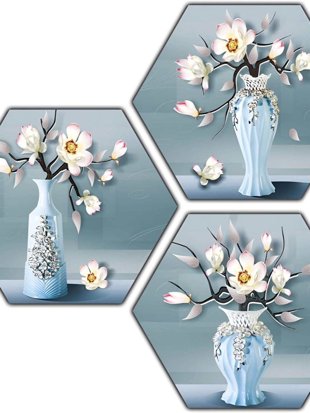 

PnF Blue & White 3 Piece Wooden Floral and Botanical Wall Painting
