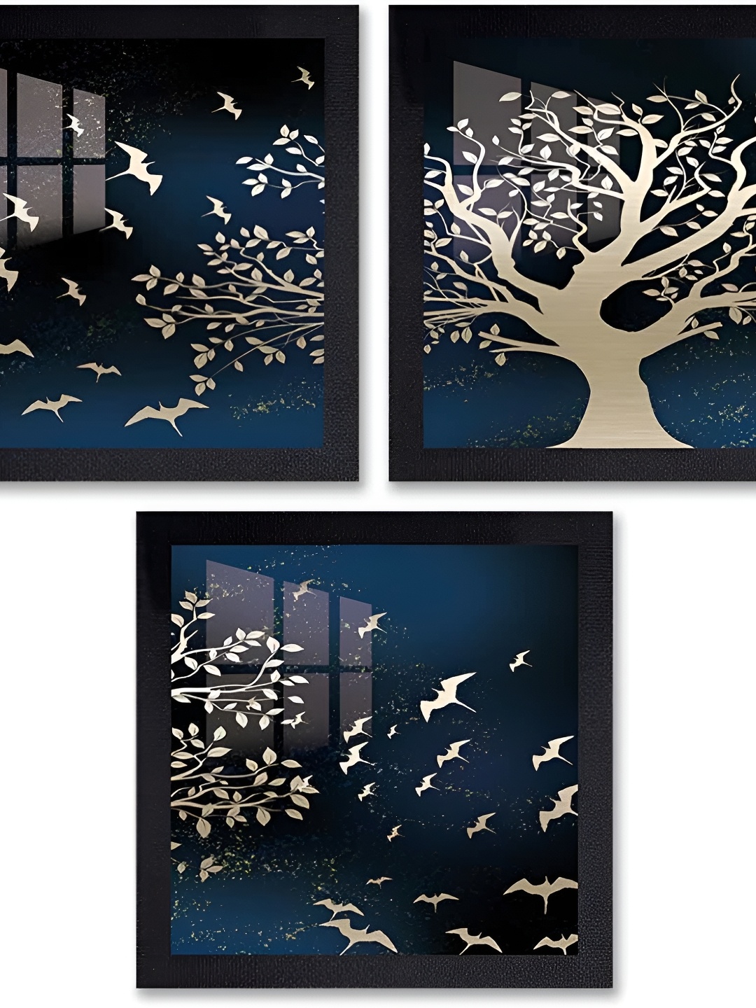 

PnF Black & Blue 3 Piece Paper Birds and Animals Wall Paintings