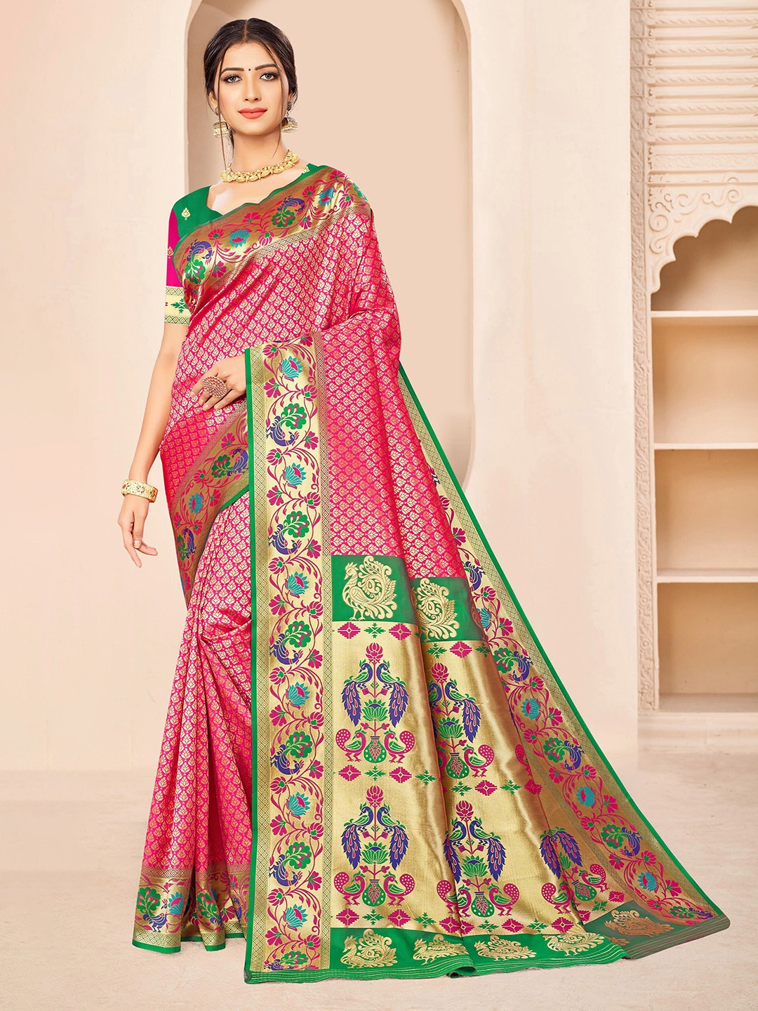 

Kasak Ethnic Motifs Woven Design Zari Paithani Saree, Pink