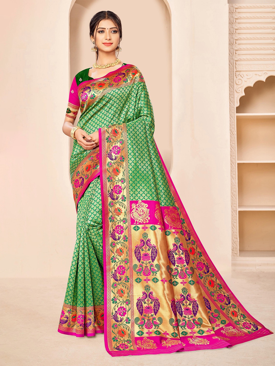 

Kasak Ethnic Motifs Woven Design Zari Paithani Saree, Green