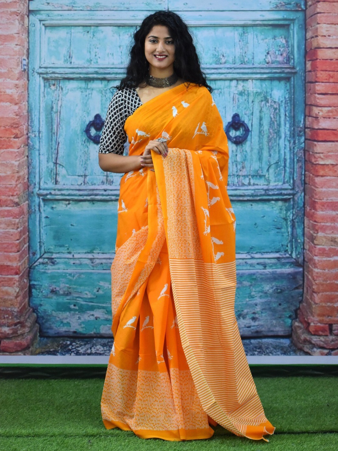 

JALTHER Ethnic Motifs Block Print Jaipuri Pure Cotton Mulmul Saree, Yellow
