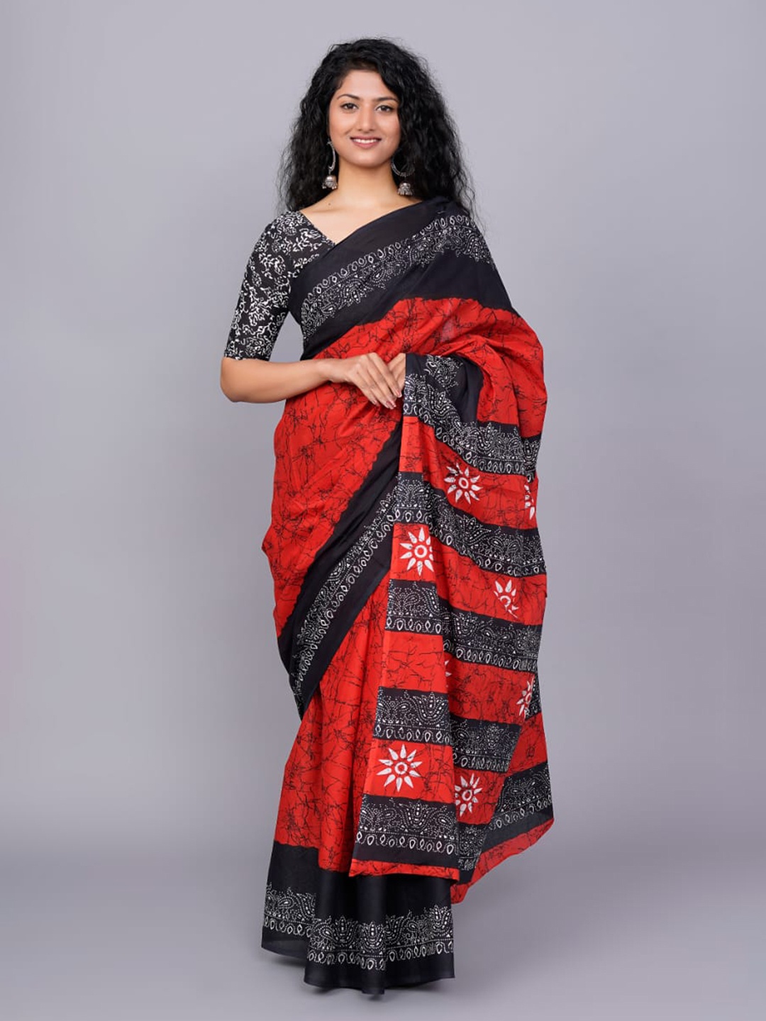 

JALTHER Ethnic Motifs Block Print Jaipuri Pure Cotton Mulmul Saree, Red