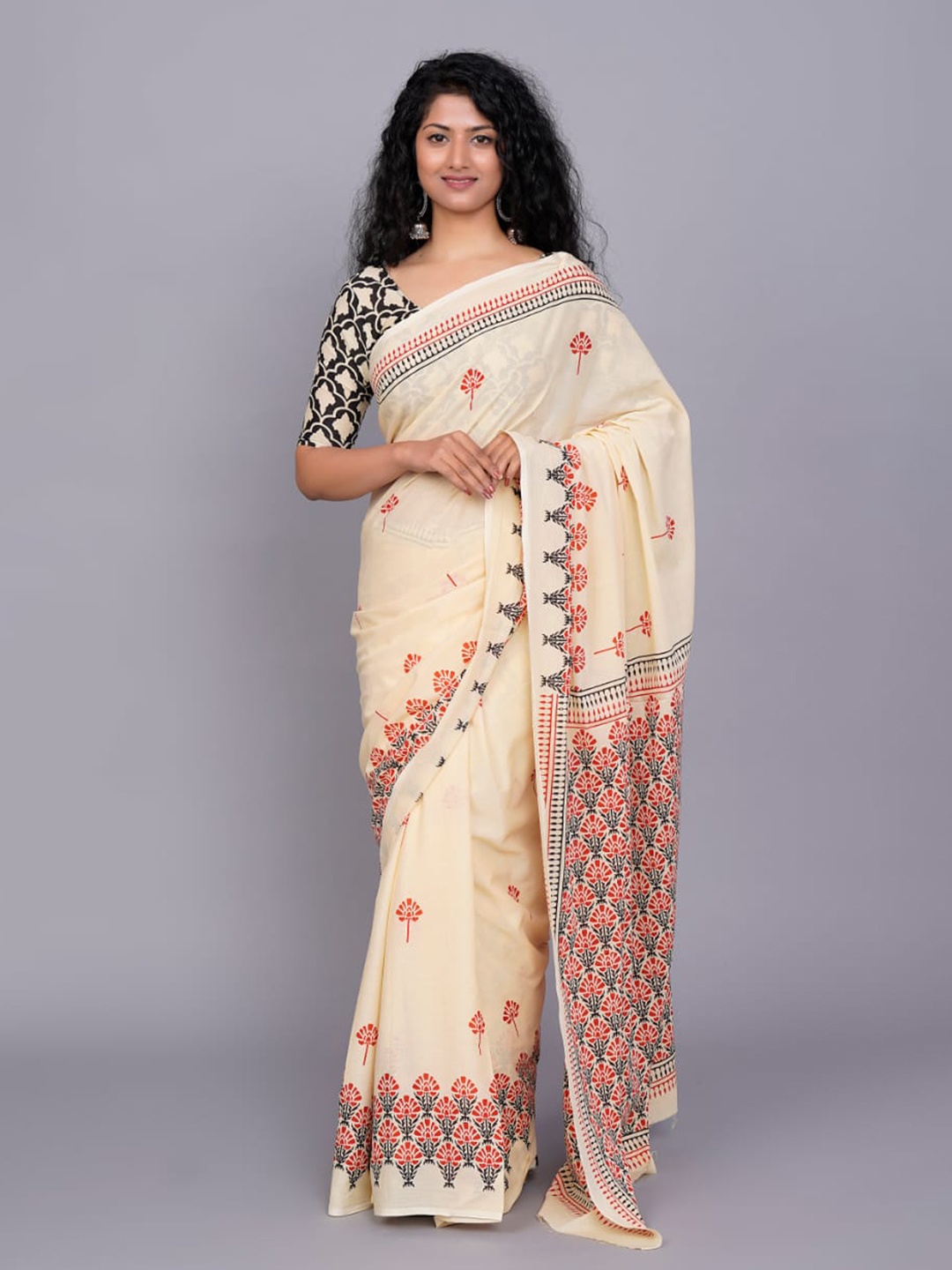 

JALTHER Ethnic Motifs Block Print Jaipuri Pure Cotton Mulmul Saree, Cream