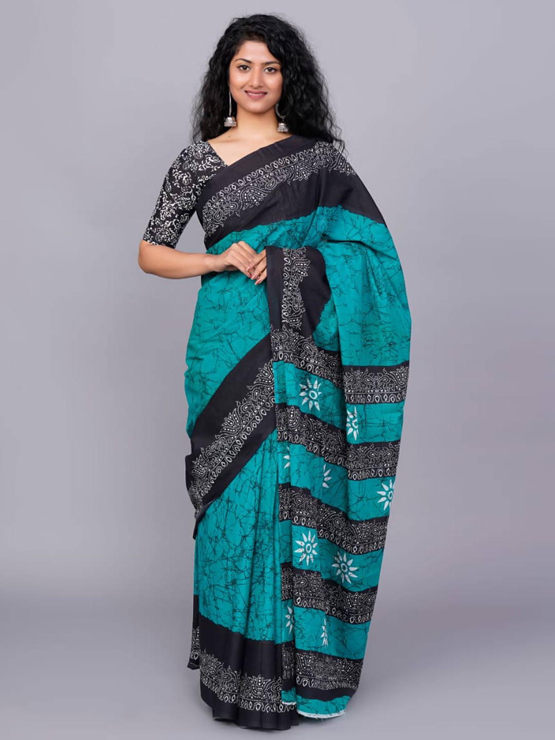 

JALTHER Ethnic Motifs Block Printed Pure Cotton Saree, Green