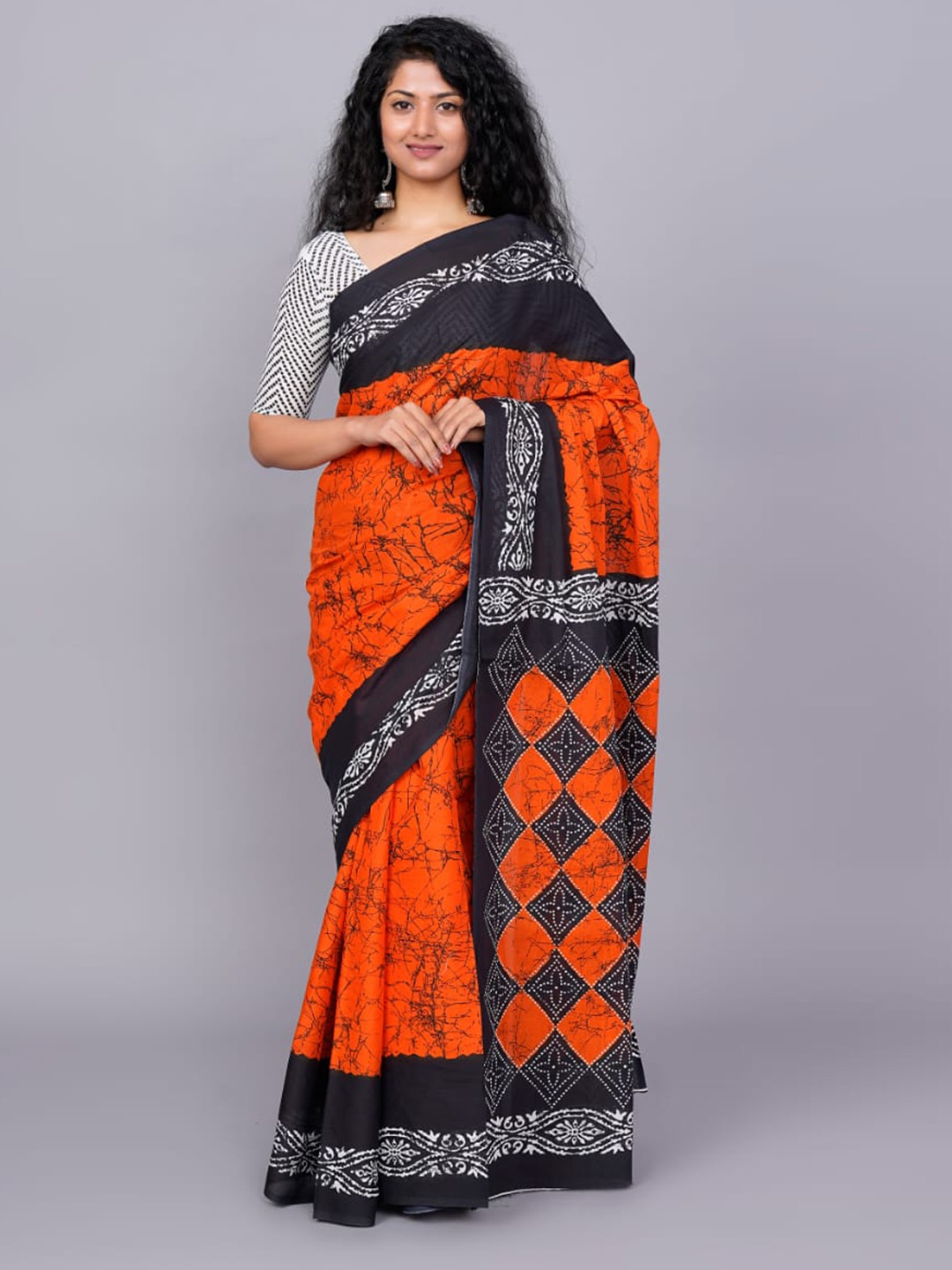 

JALTHER Abstract Printed Pure Cotton Block Print Saree, Orange