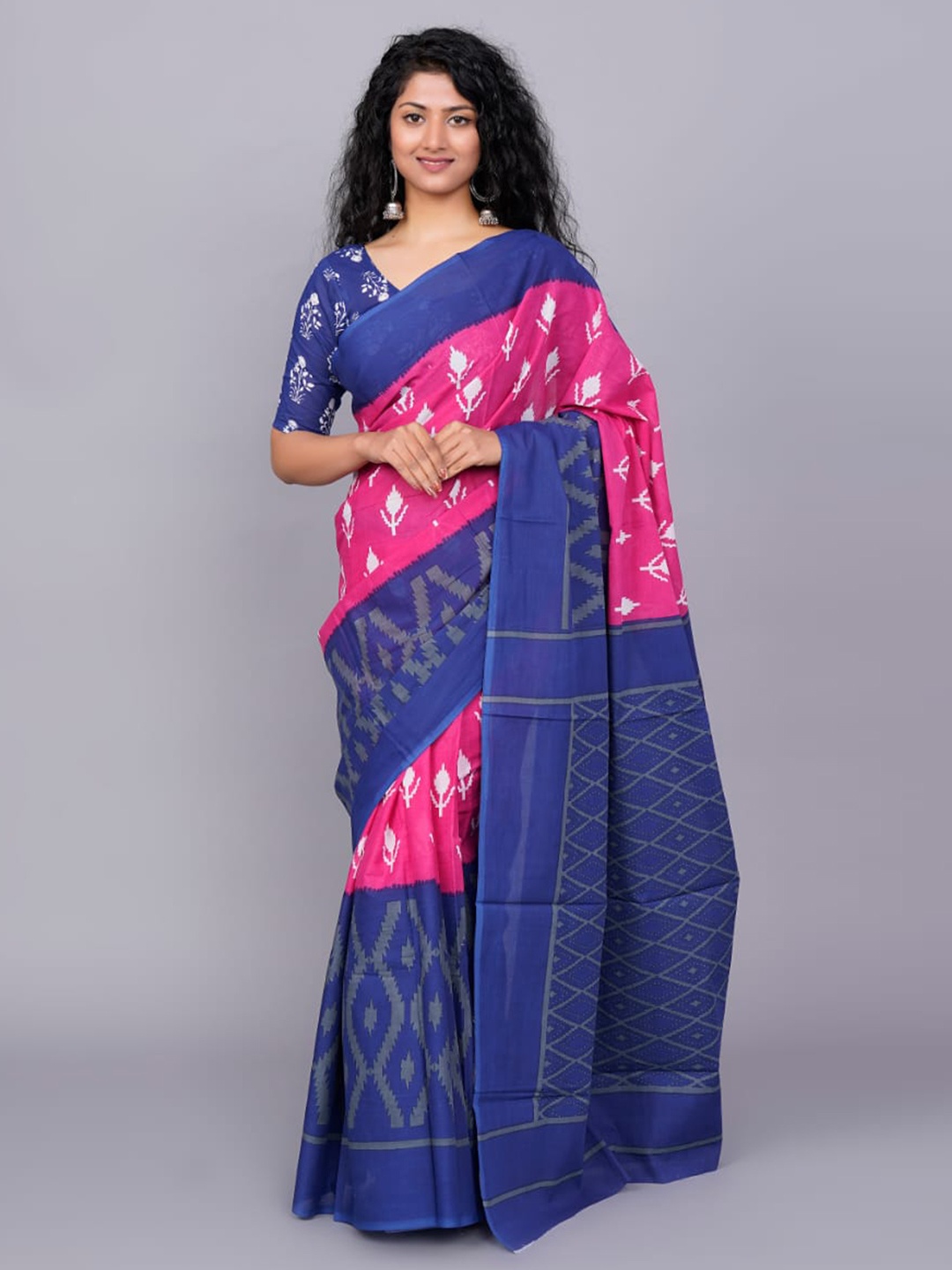 

JALTHER Floral Printed Pure Cotton Block Print Saree, Pink
