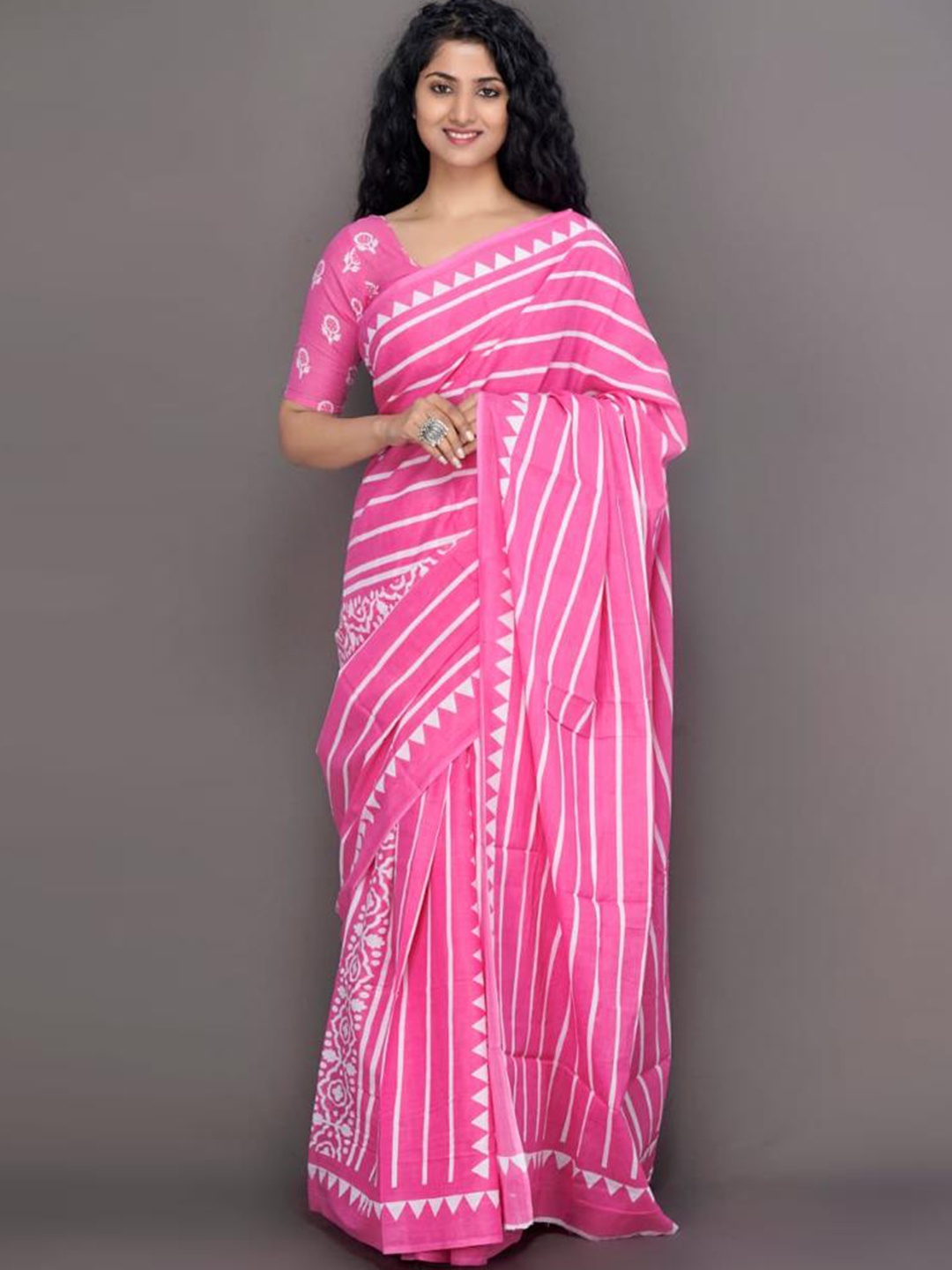 

JALTHER Striped Pure Cotton Block Print Saree, Pink