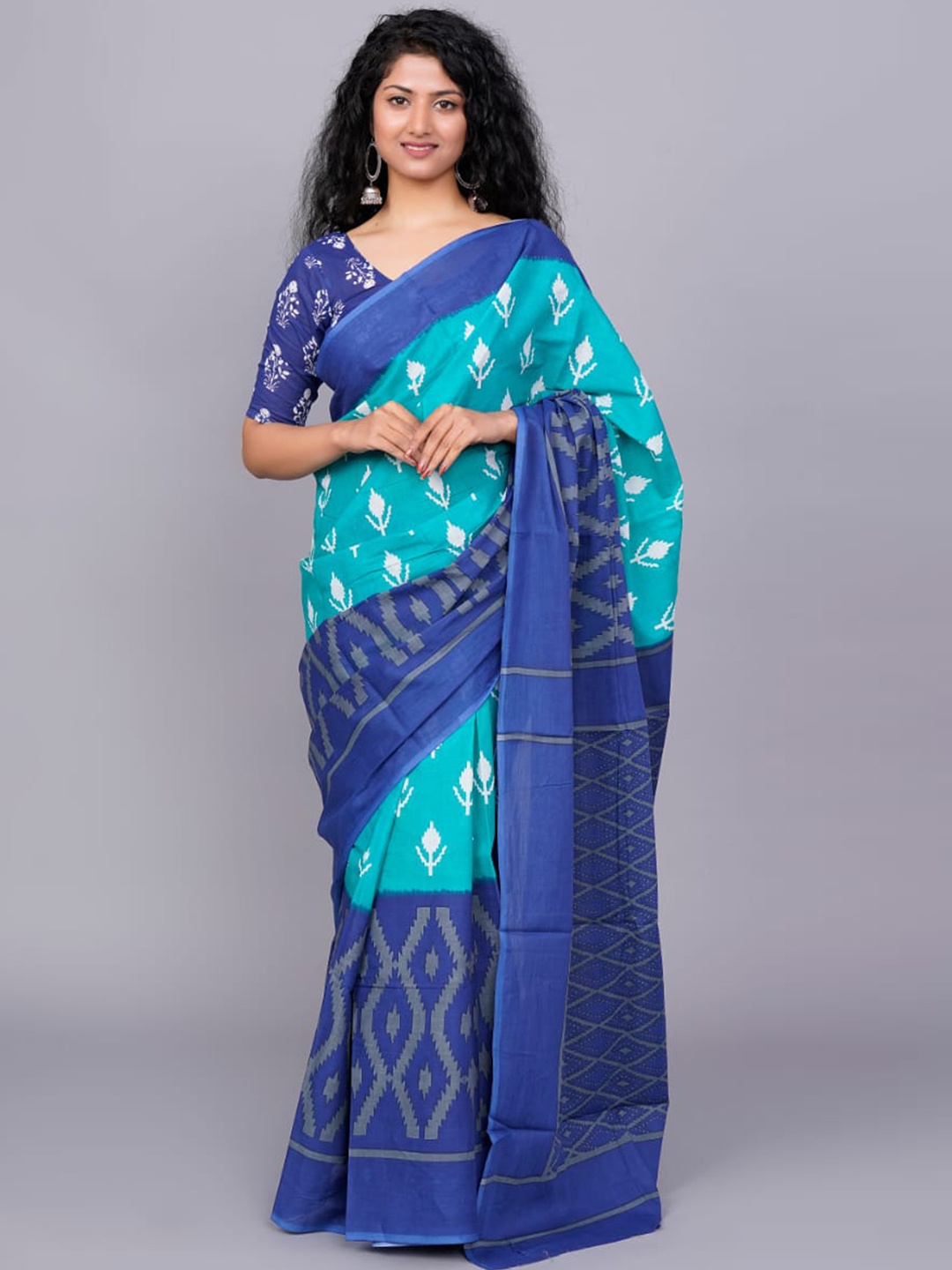 

JALTHER Ethnic Motifs Printed Pure Cotton Block Print Saree, Blue