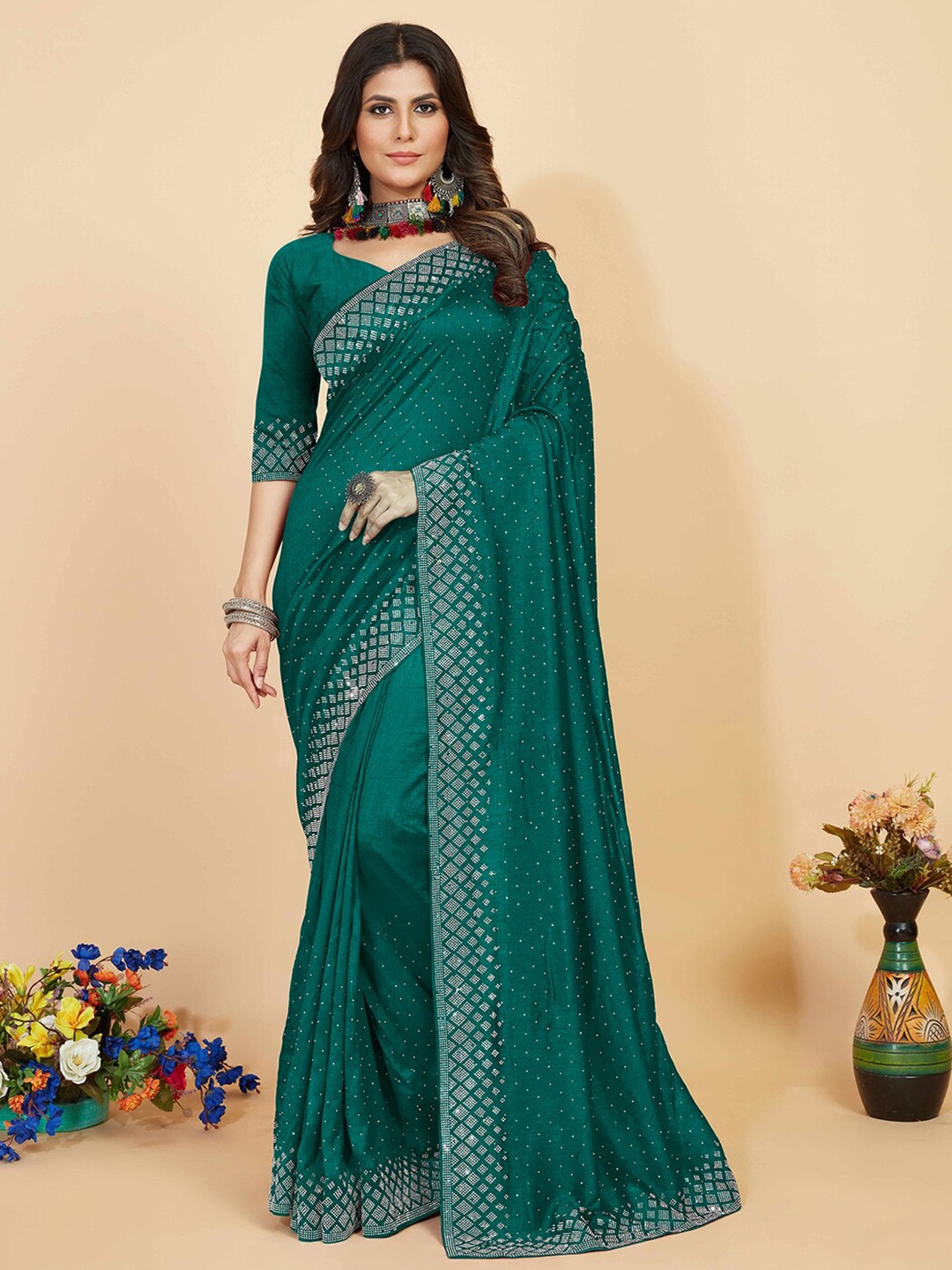 

Kasak Embellished Beads and Stones Saree, Turquoise blue
