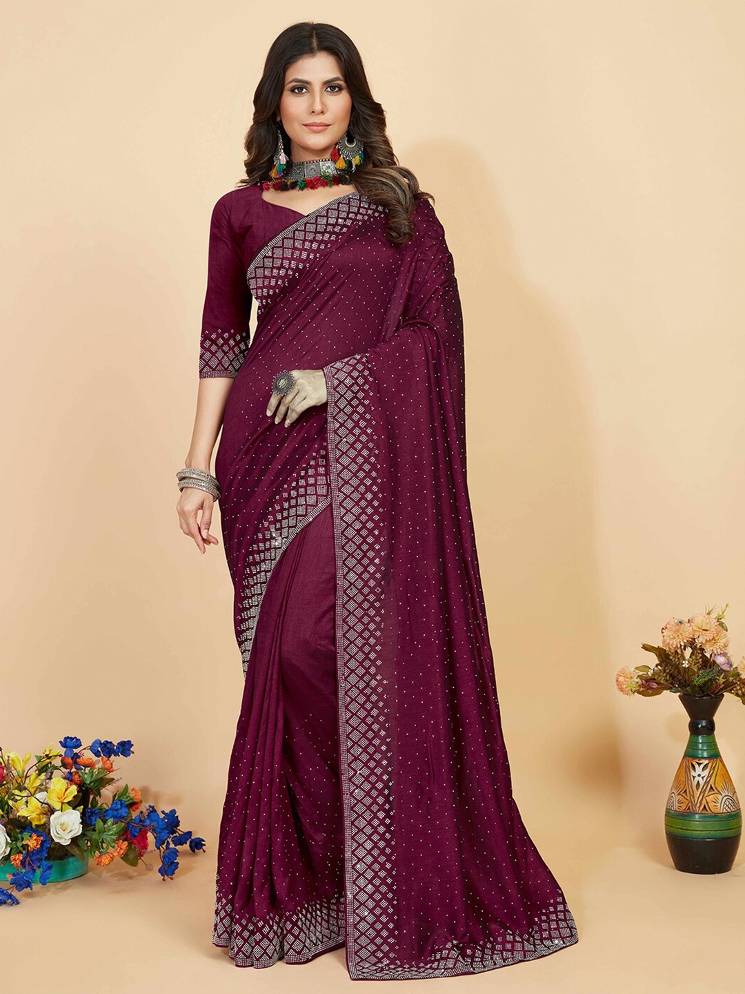 

Kasak Embellished Beads and Stones Saree, Purple