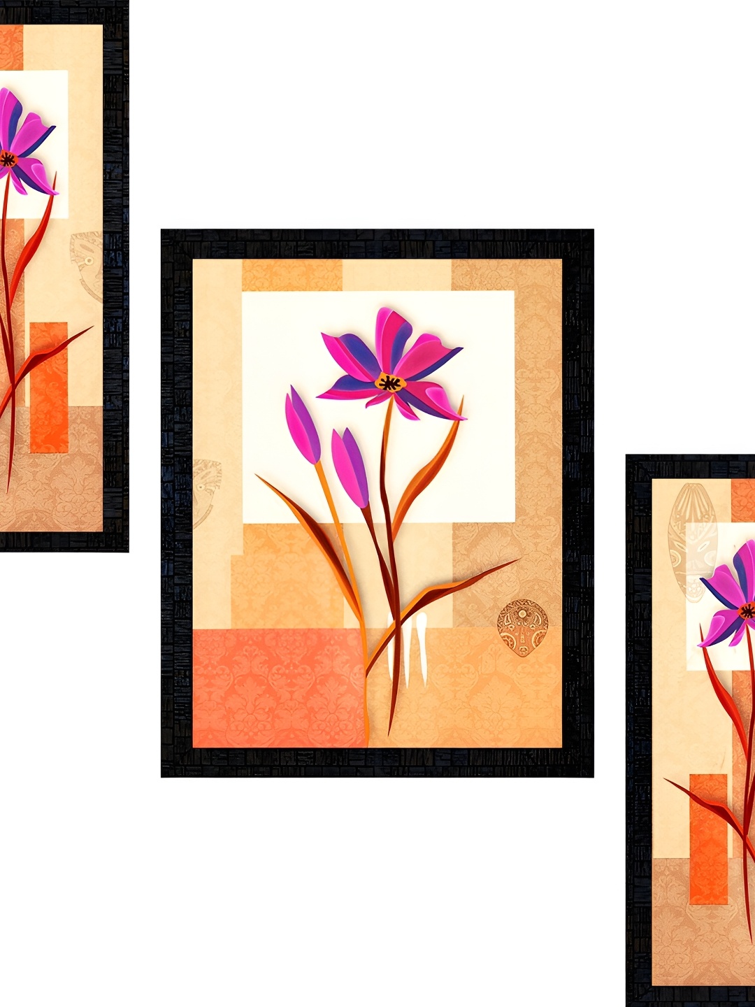 

PnF Charcoal & Orange 3Pcs Paper Floral And Botanical Wall Paintings