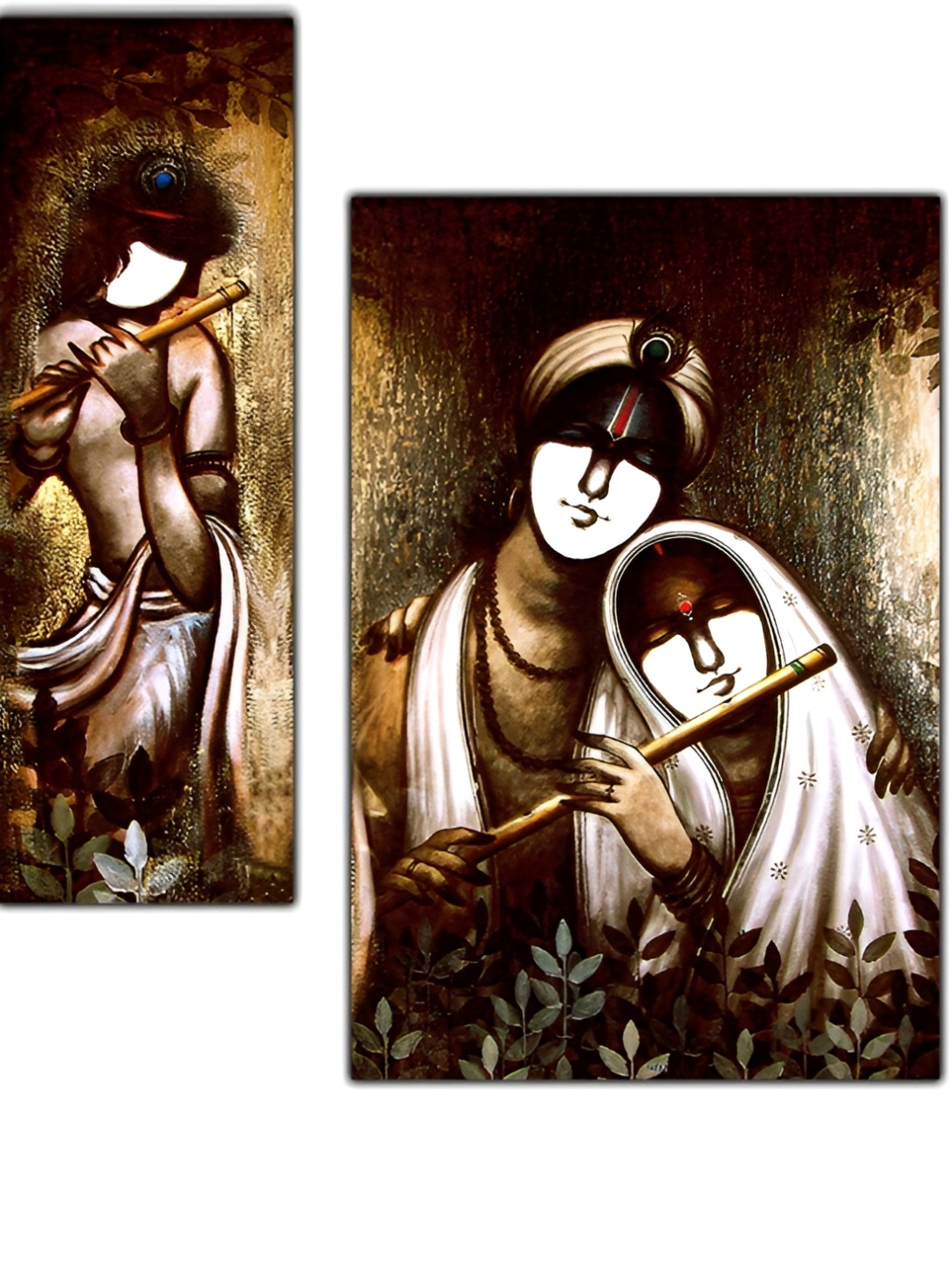 

PnF White & Brown 3 Pieces Radha Krishna Religious Wooden Painting Wall Arts