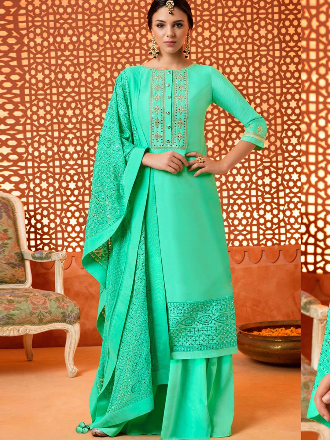 

Chandbaali Embroidered Mirror Work Semi-Stitched Dress Material, Green