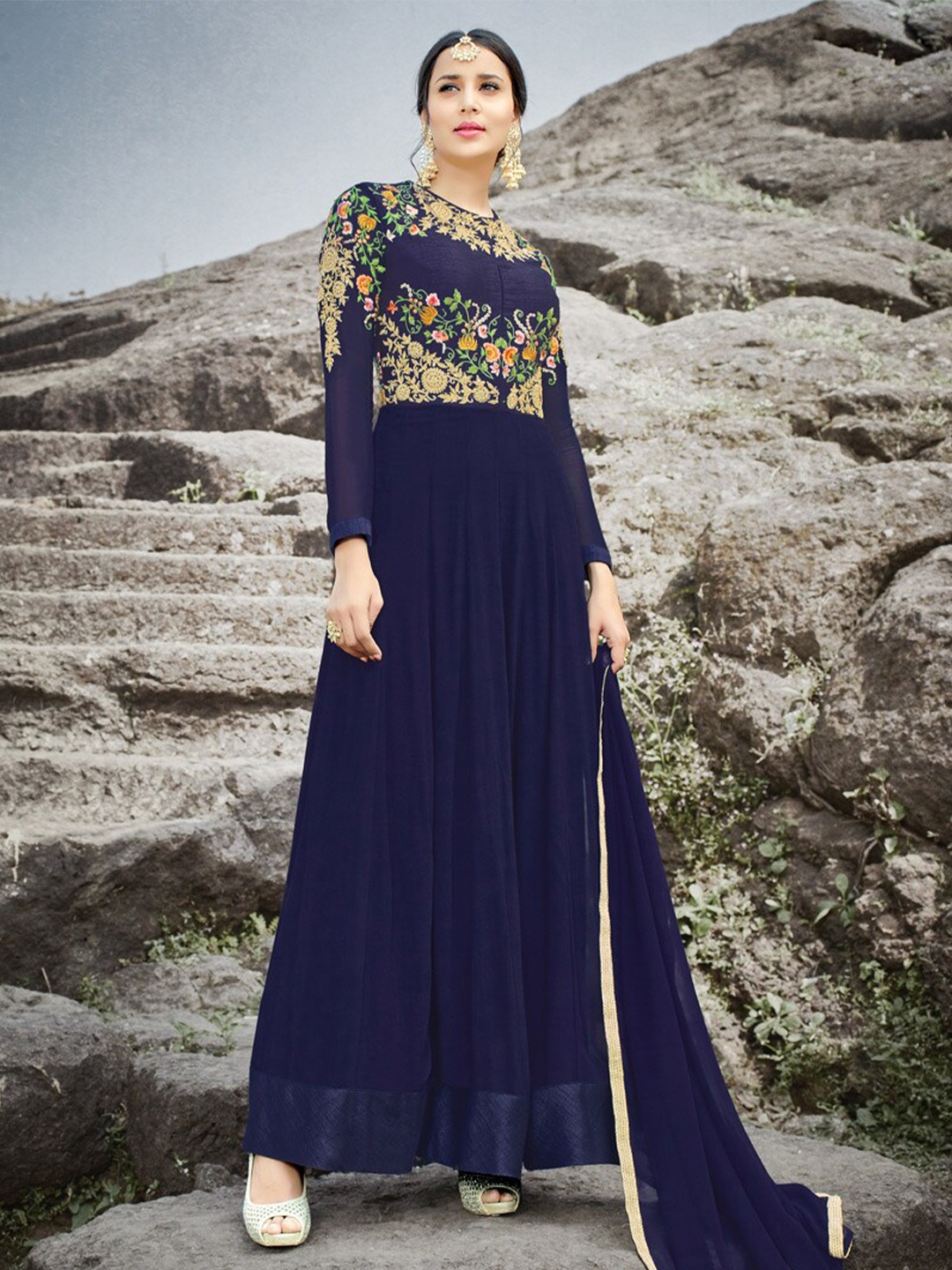 

Chandbaali Floral Embroidered Semi-Stitched Dress Material, Navy blue