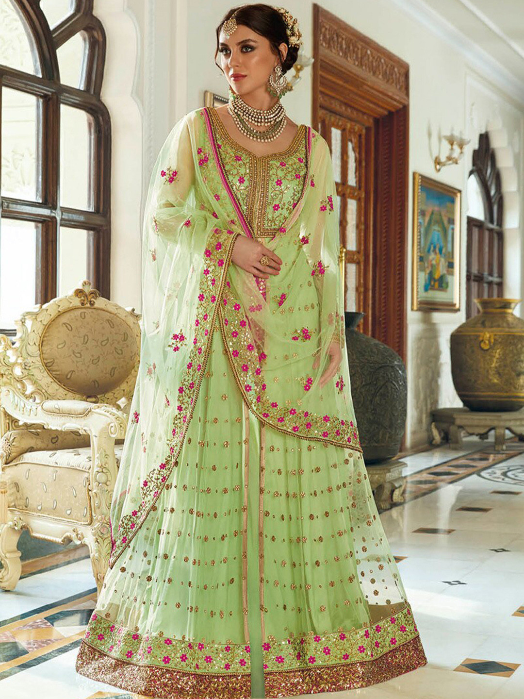 

Chandbaali Ethnic Motif Embroidered Semi-Stitched Dress Material, Green